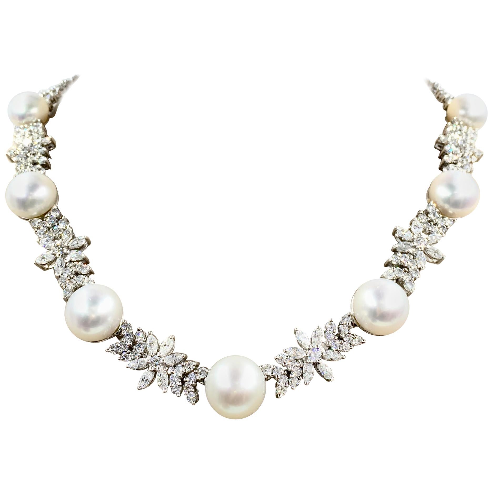 Diamond and South Sea Pearl Platinum Necklace 16.76 Carat Total Weight