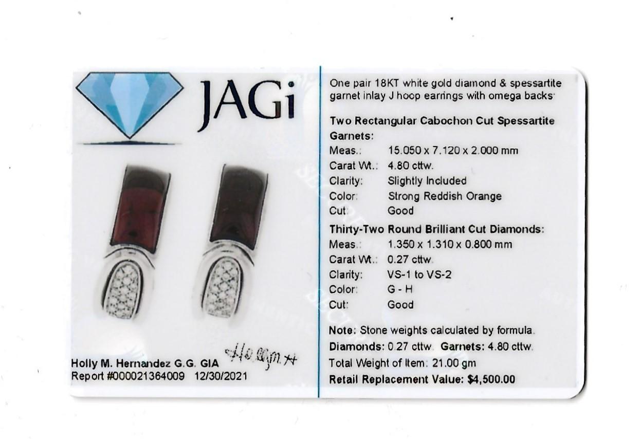 Diamond and Spessaritie Garnet Inlay Huggie Hoop Earrings in 18 Karat White Gold For Sale 7