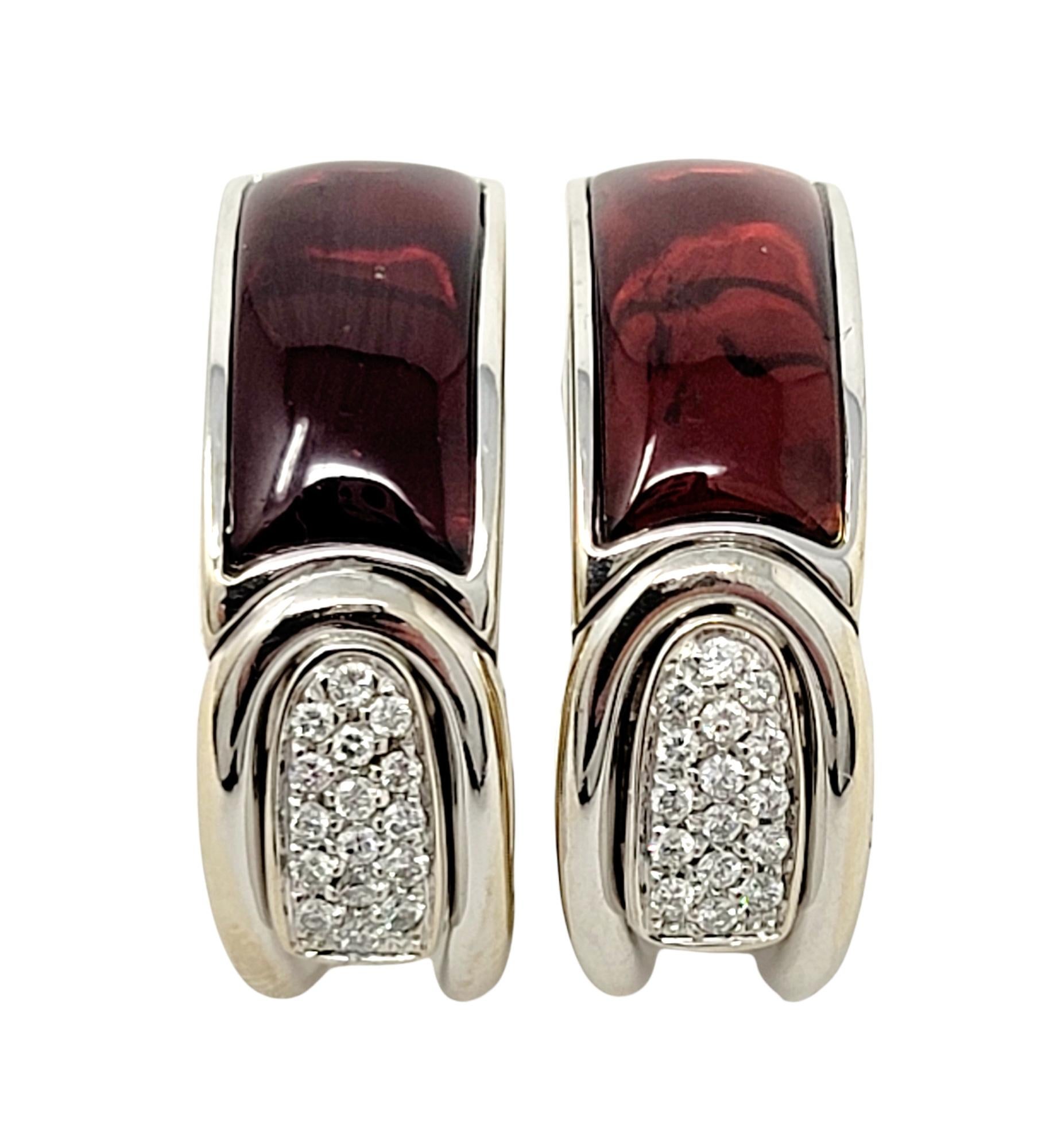 Contemporary Diamond and Spessaritie Garnet Inlay Huggie Hoop Earrings in 18 Karat White Gold For Sale