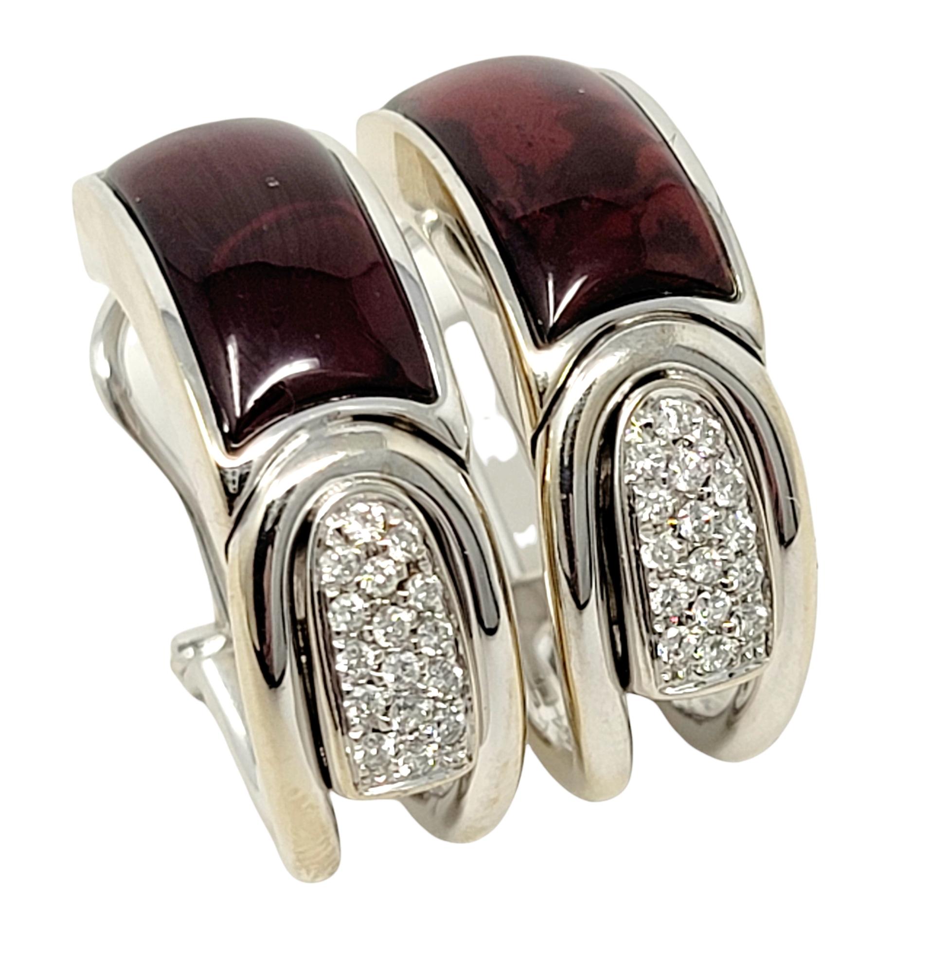 Round Cut Diamond and Spessaritie Garnet Inlay Huggie Hoop Earrings in 18 Karat White Gold For Sale