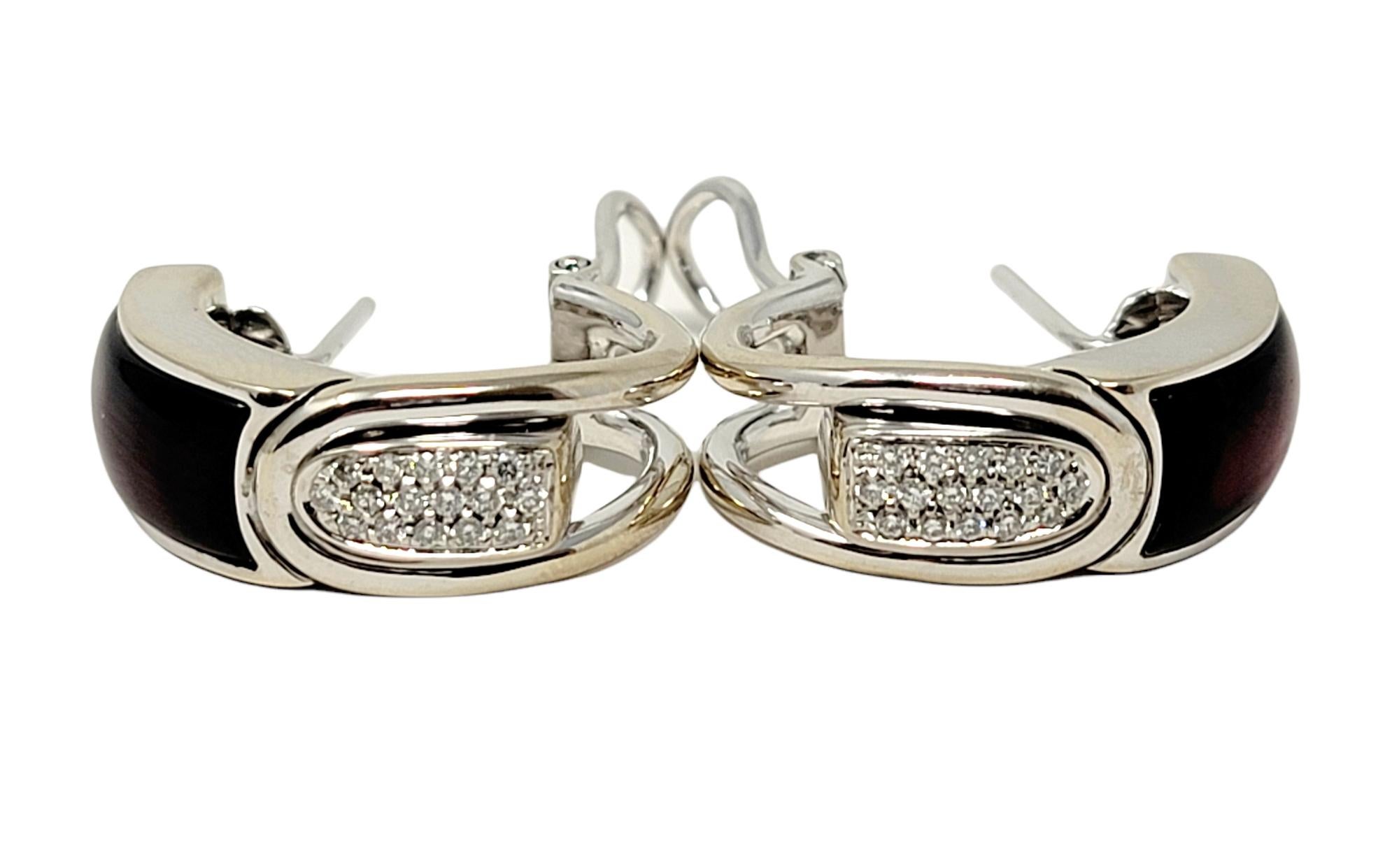 Diamond and Spessaritie Garnet Inlay Huggie Hoop Earrings in 18 Karat White Gold In Good Condition For Sale In Scottsdale, AZ