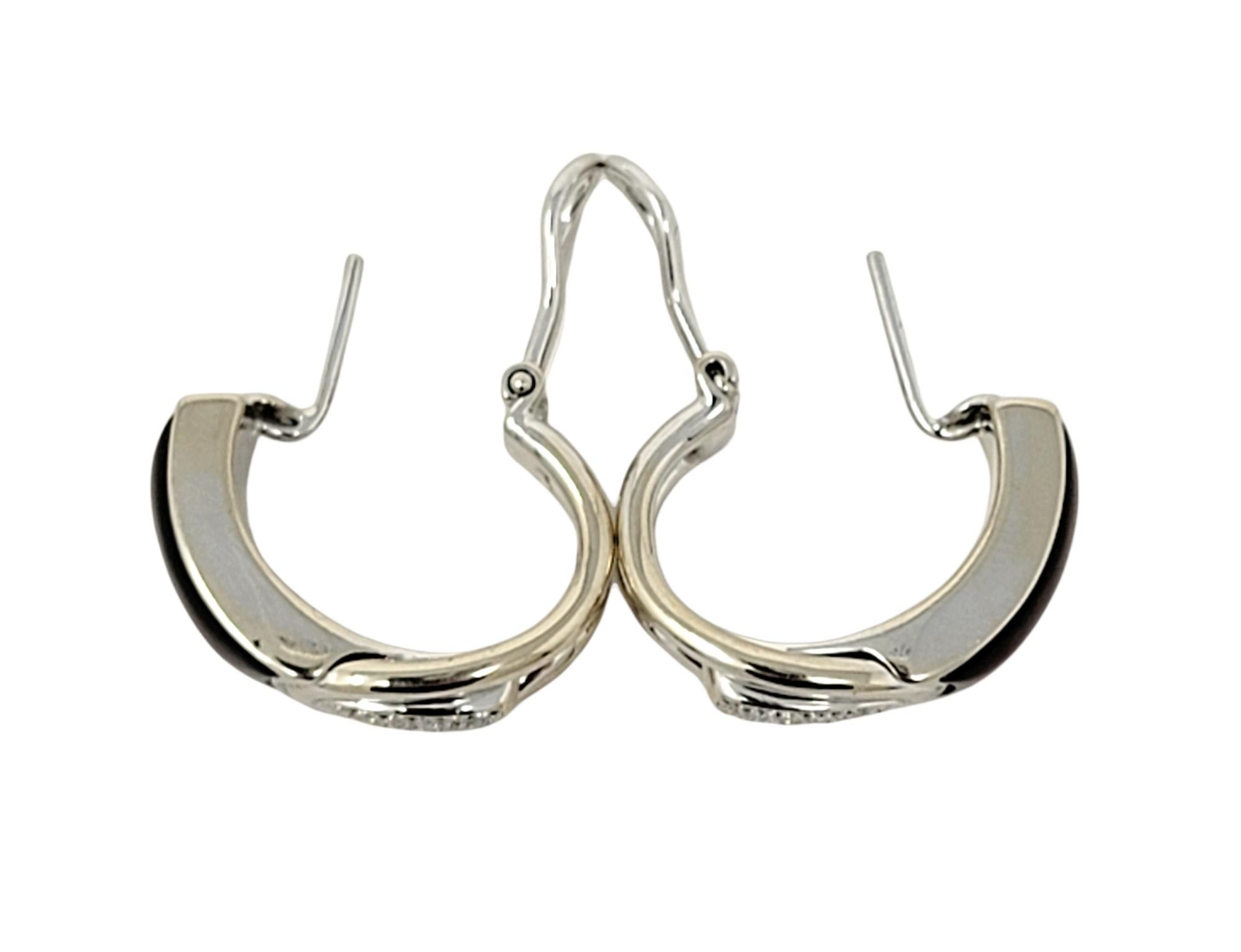 Diamond and Spessaritie Garnet Inlay Huggie Hoop Earrings in 18 Karat White Gold For Sale 1