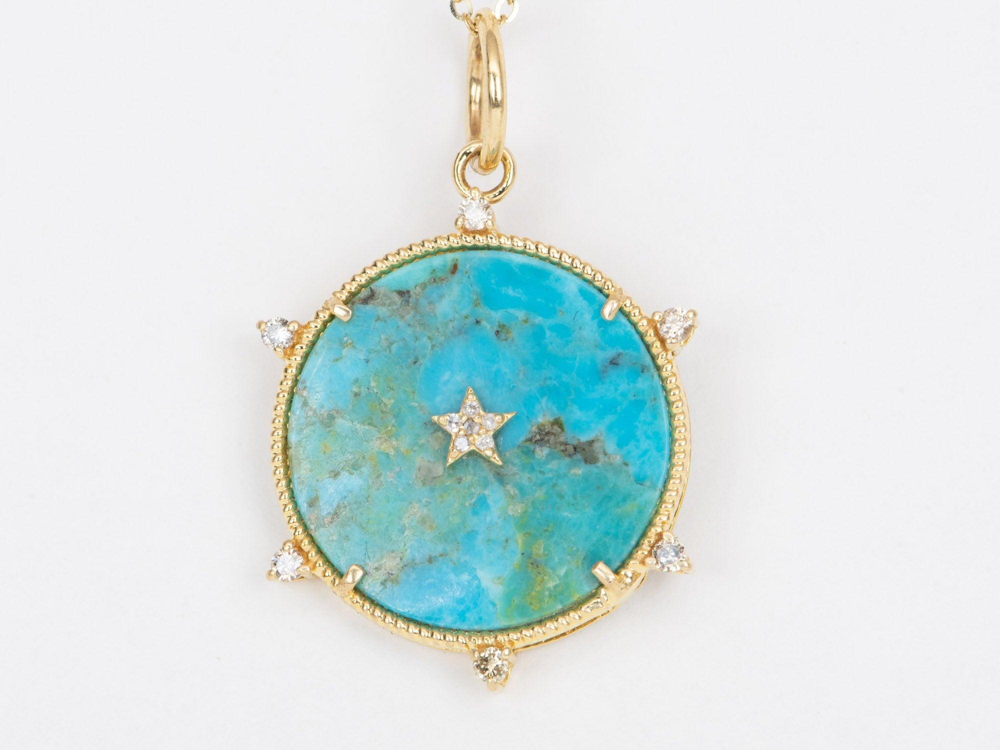 ♥ A beautiful diamond and stars pendant with a natural turquoise backing 
♥ The pendant measures 28.8 mm in length, 22.4 mm in width, and is 4.7 mm thick

♥ Gemstone: Turquoise, Diamond 0.17ct
♥ All stone(s) used are genuine, earth-mined, and