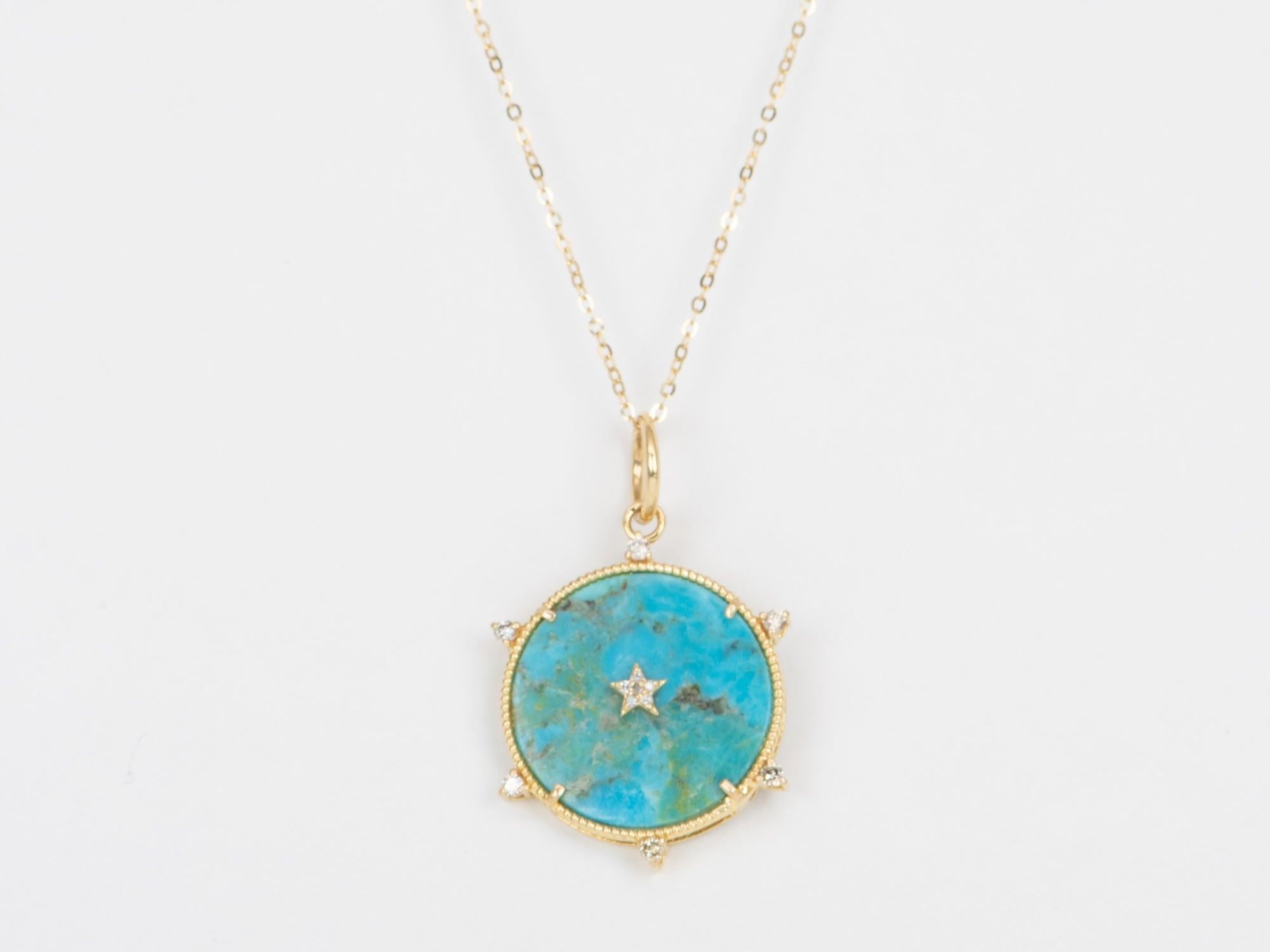 Round Cut Diamond and Stars Pendant with Natural Turquoise 14k Gold R4344 For Sale