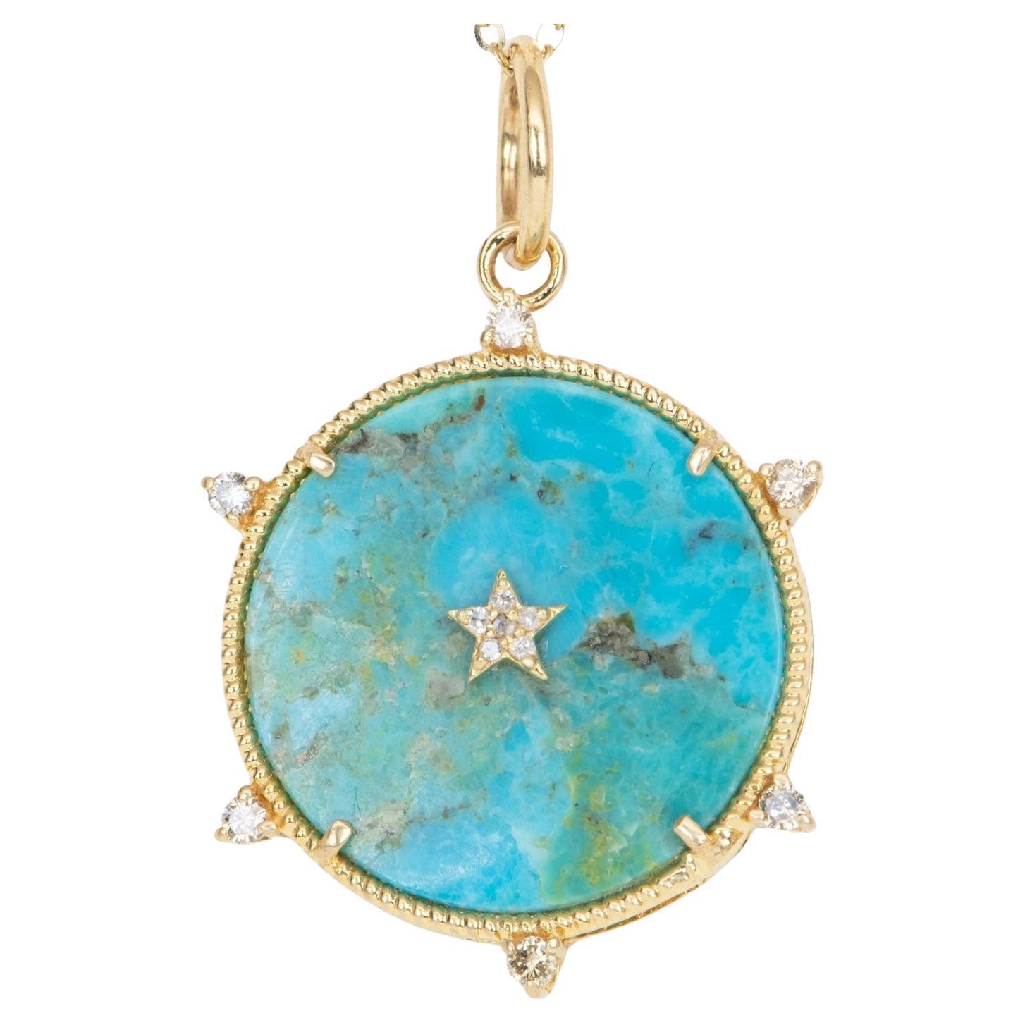 Diamond and Stars Pendant with Natural Turquoise 14k Gold R4344