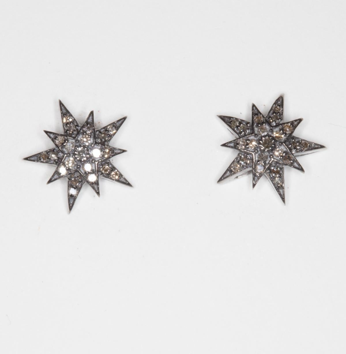 Women's or Men's Diamond and Sterling Silver Star Motif Stud Earrings