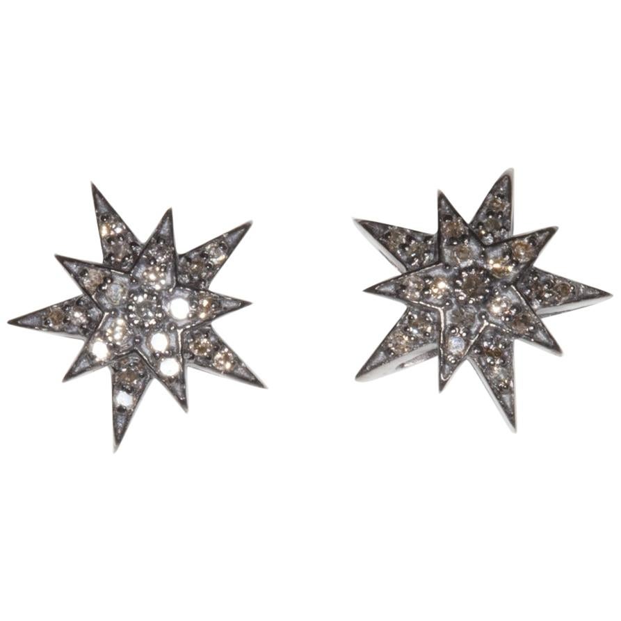 Diamond and Sterling Silver Star Motif Stud Earrings
