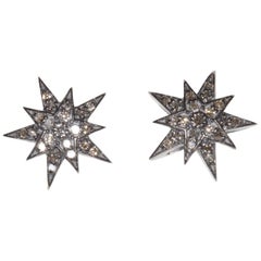Diamond and Sterling Silver Star Motif Stud Earrings