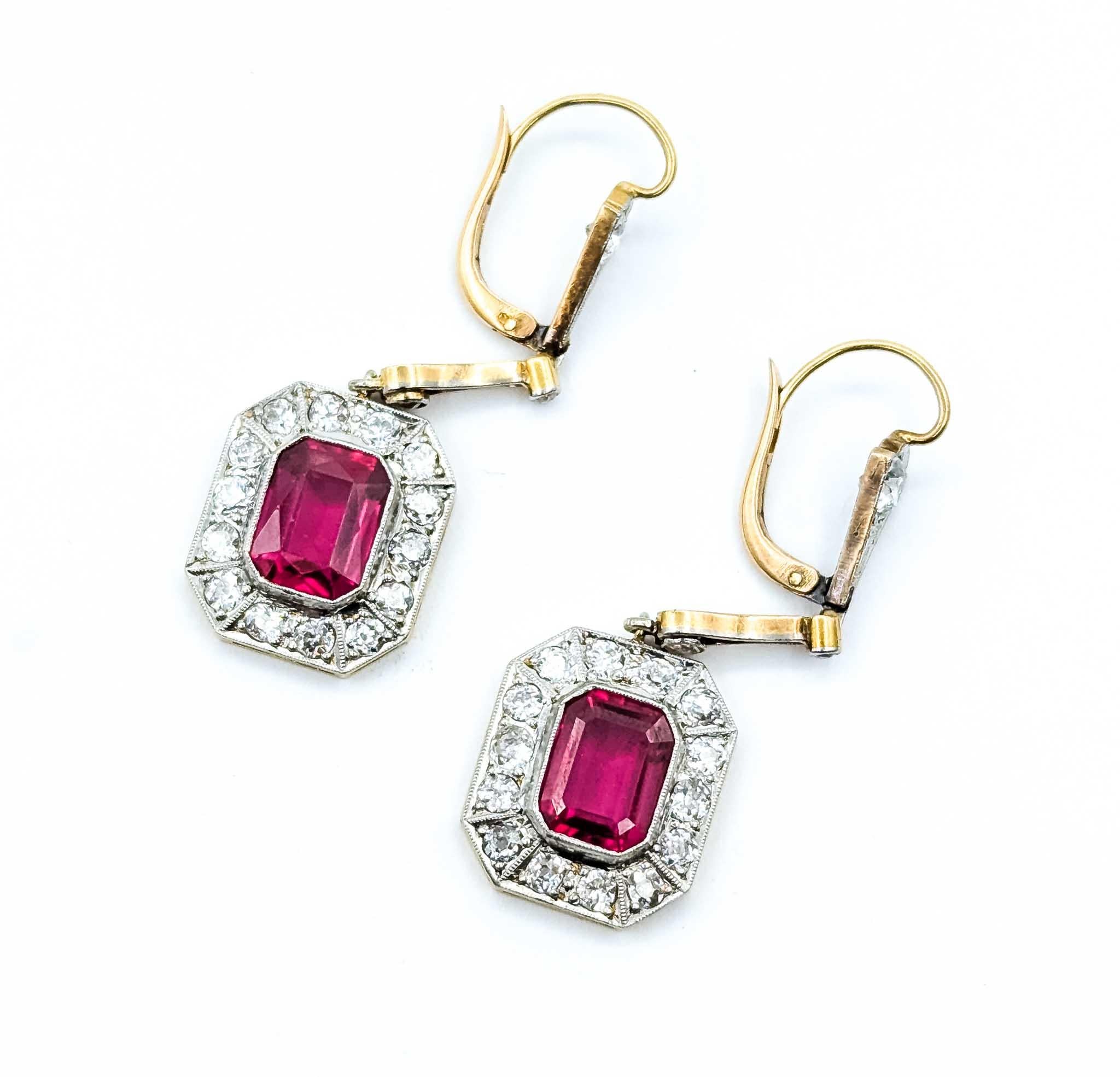 Art Deco Diamond and Synthetic Ruby Platinum Earrings For Sale
