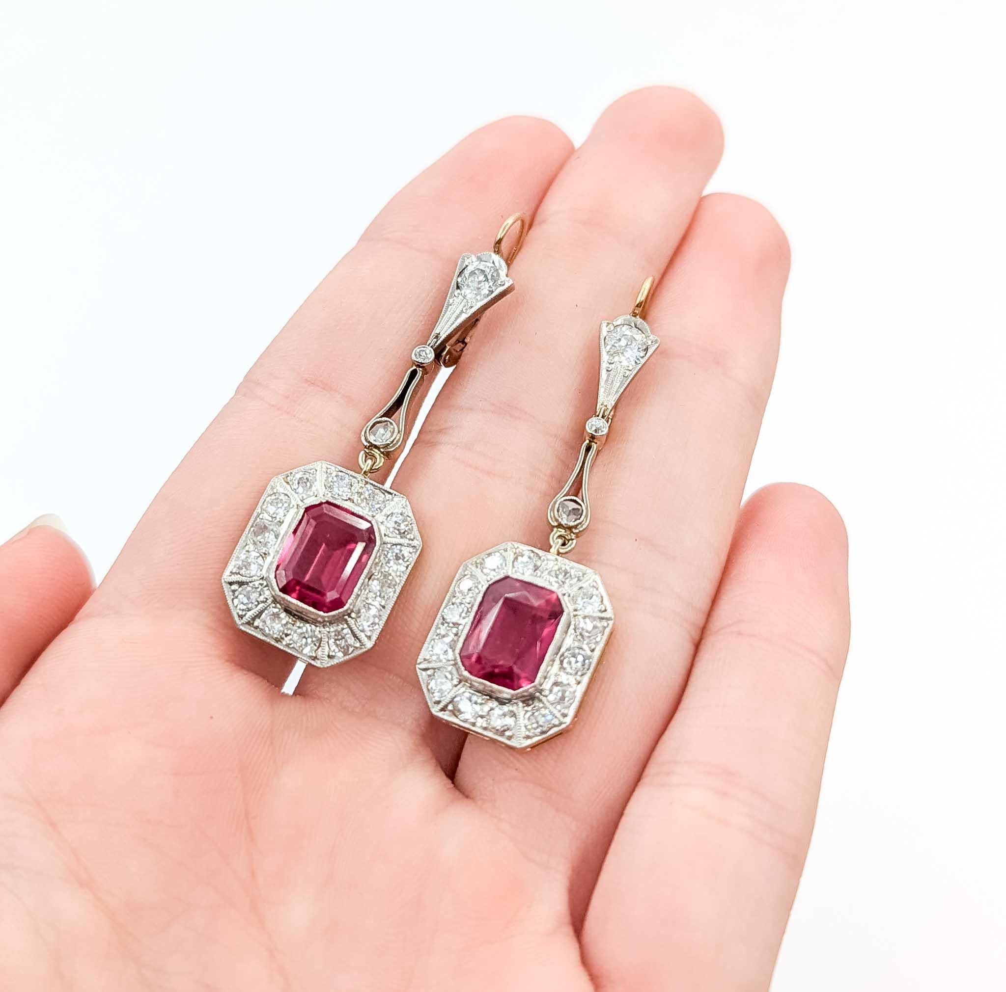 Emerald Cut Diamond and Synthetic Ruby Platinum Earrings For Sale