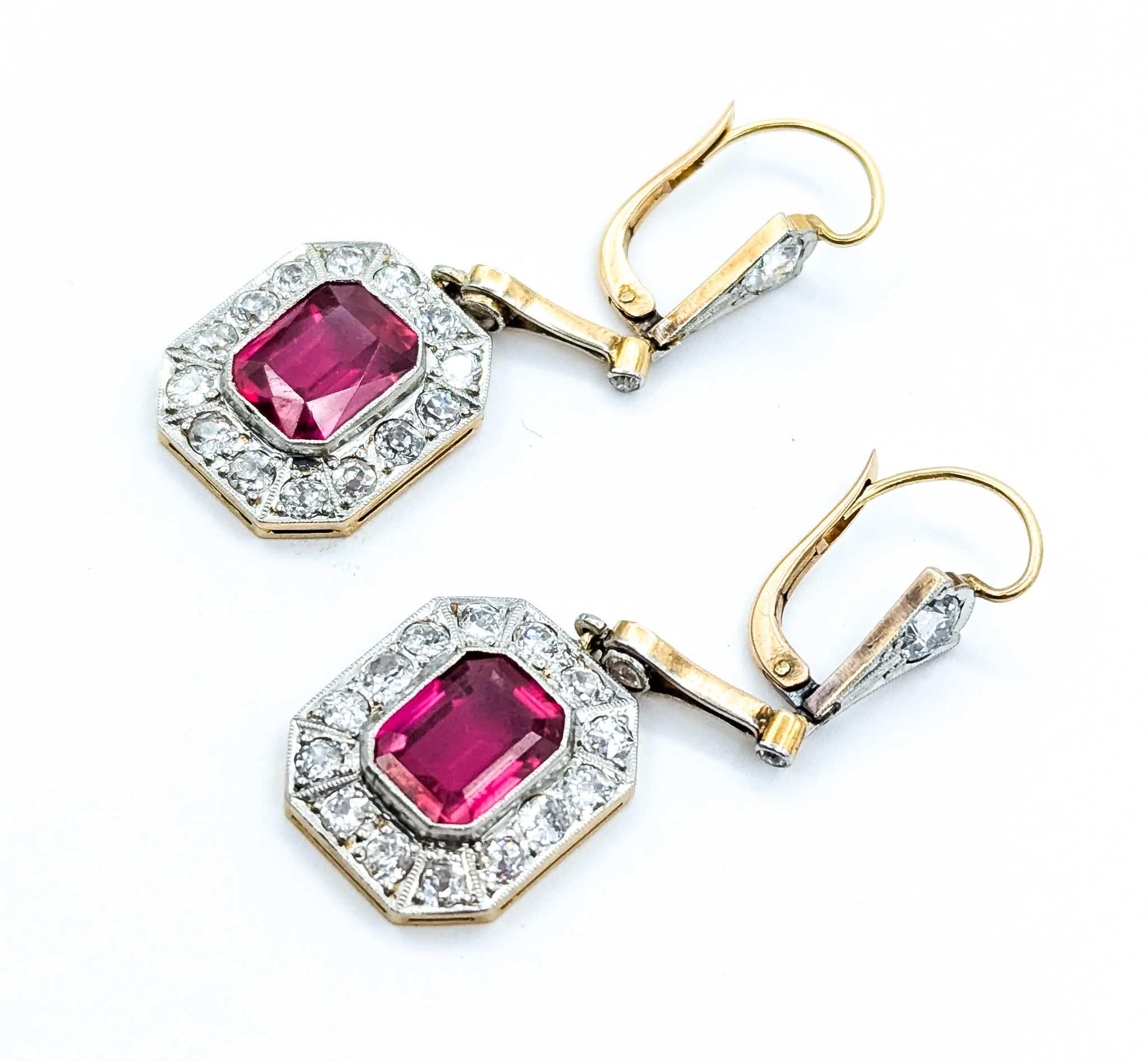 Women's Diamond and Synthetic Ruby Platinum Earrings For Sale
