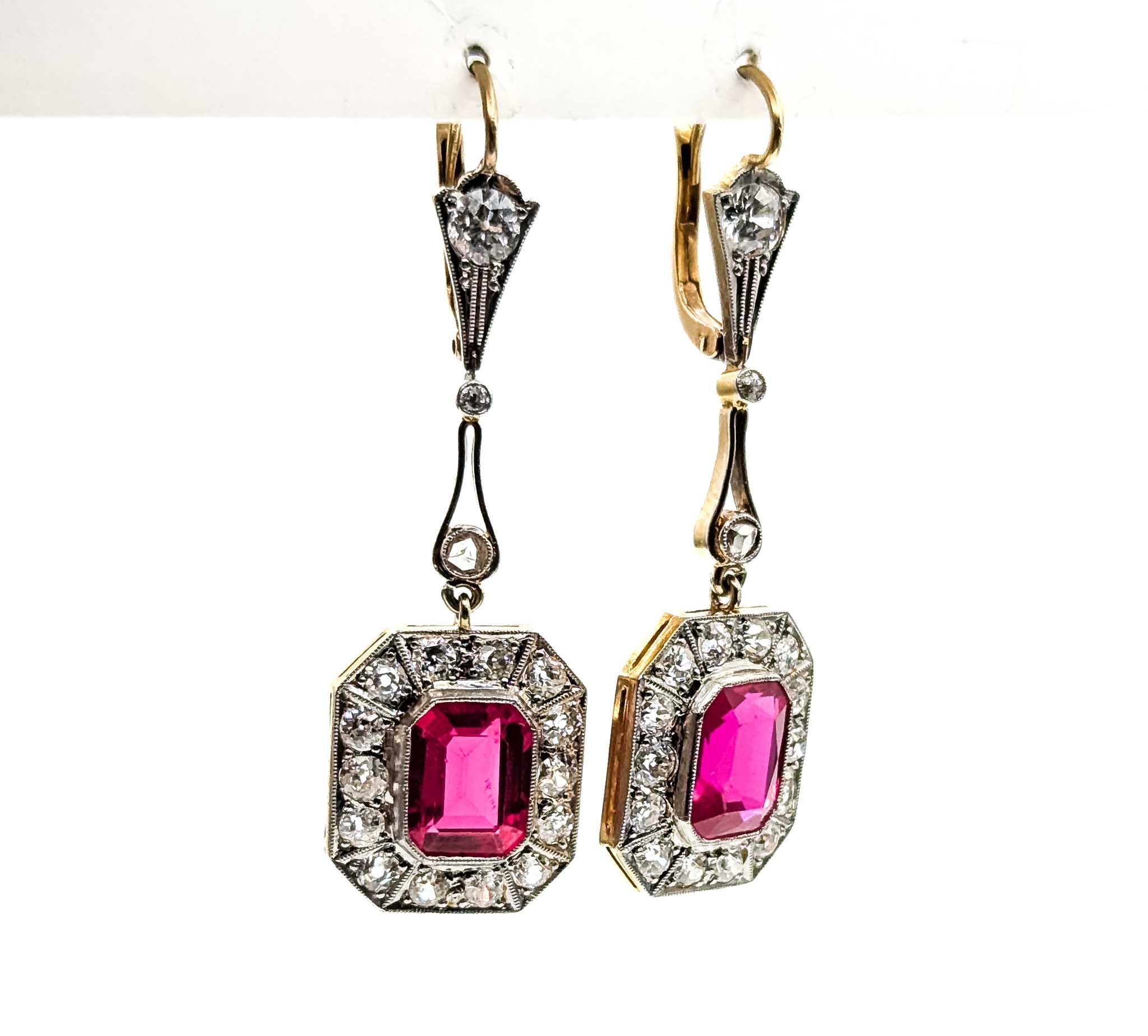 Diamond and Synthetic Ruby Platinum Earrings For Sale 2