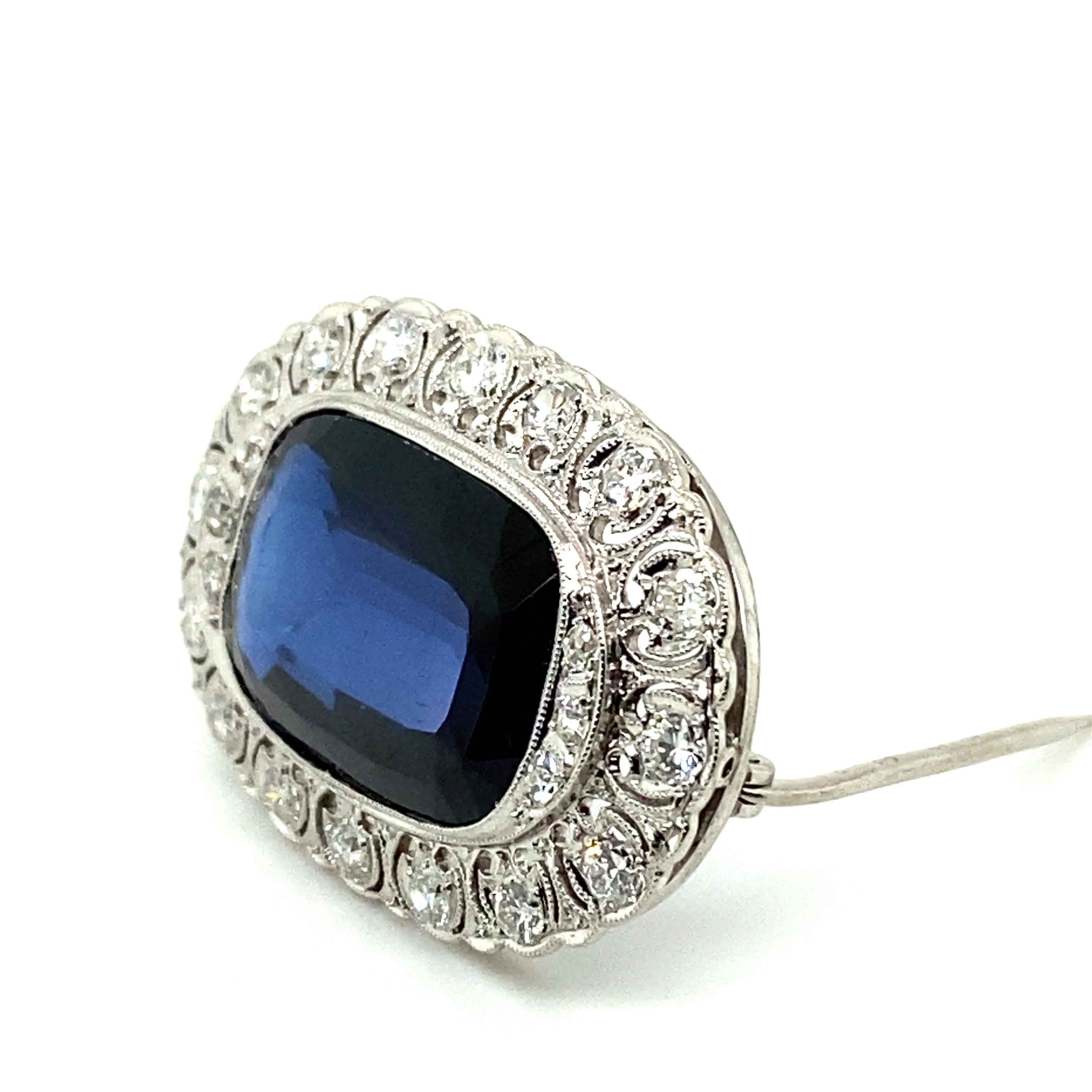 Old European Cut Diamond and Synthetic Sapphire Brooch in 14 Karat White Gold