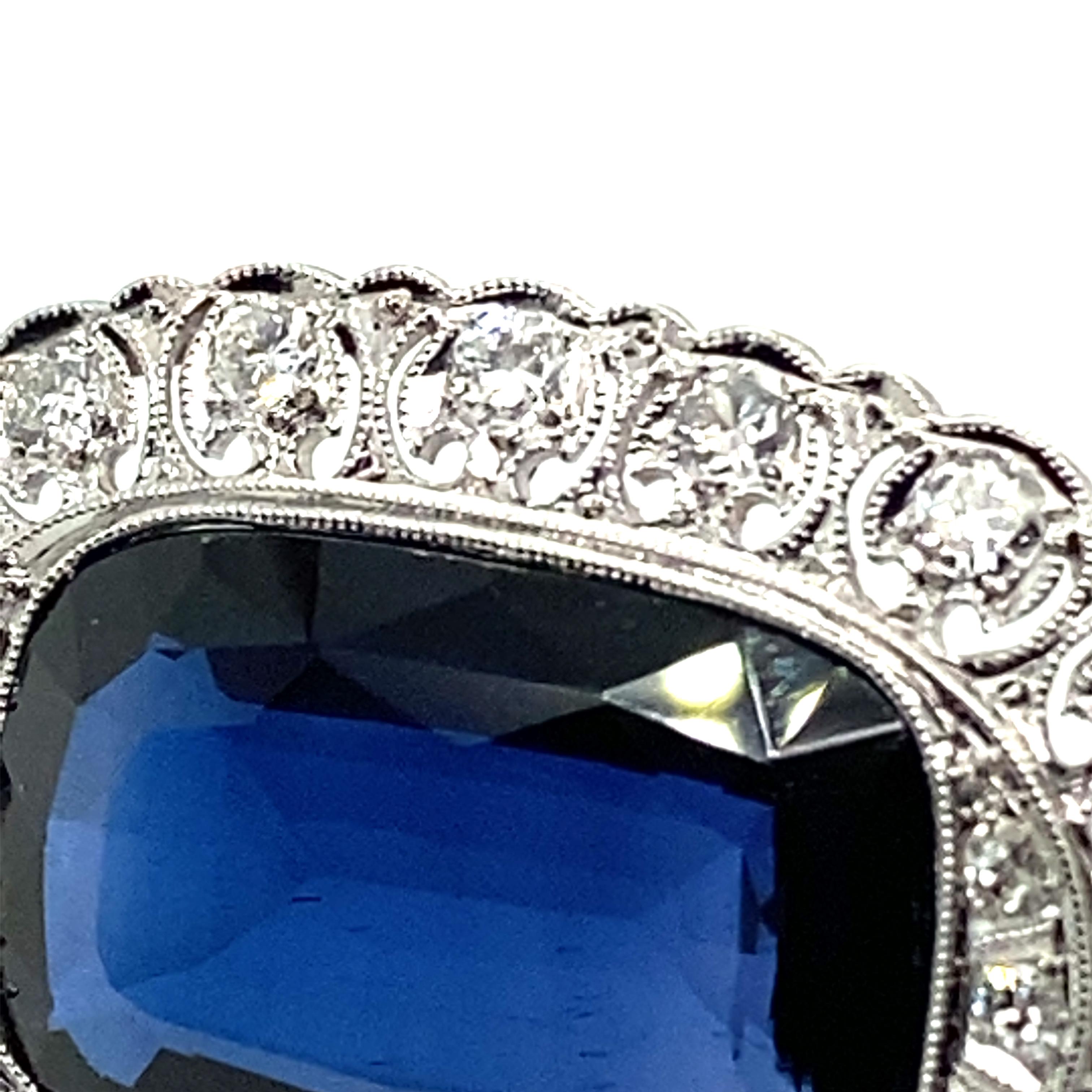 Diamond and Synthetic Sapphire Brooch in 14 Karat White Gold In Good Condition In Lucerne, CH