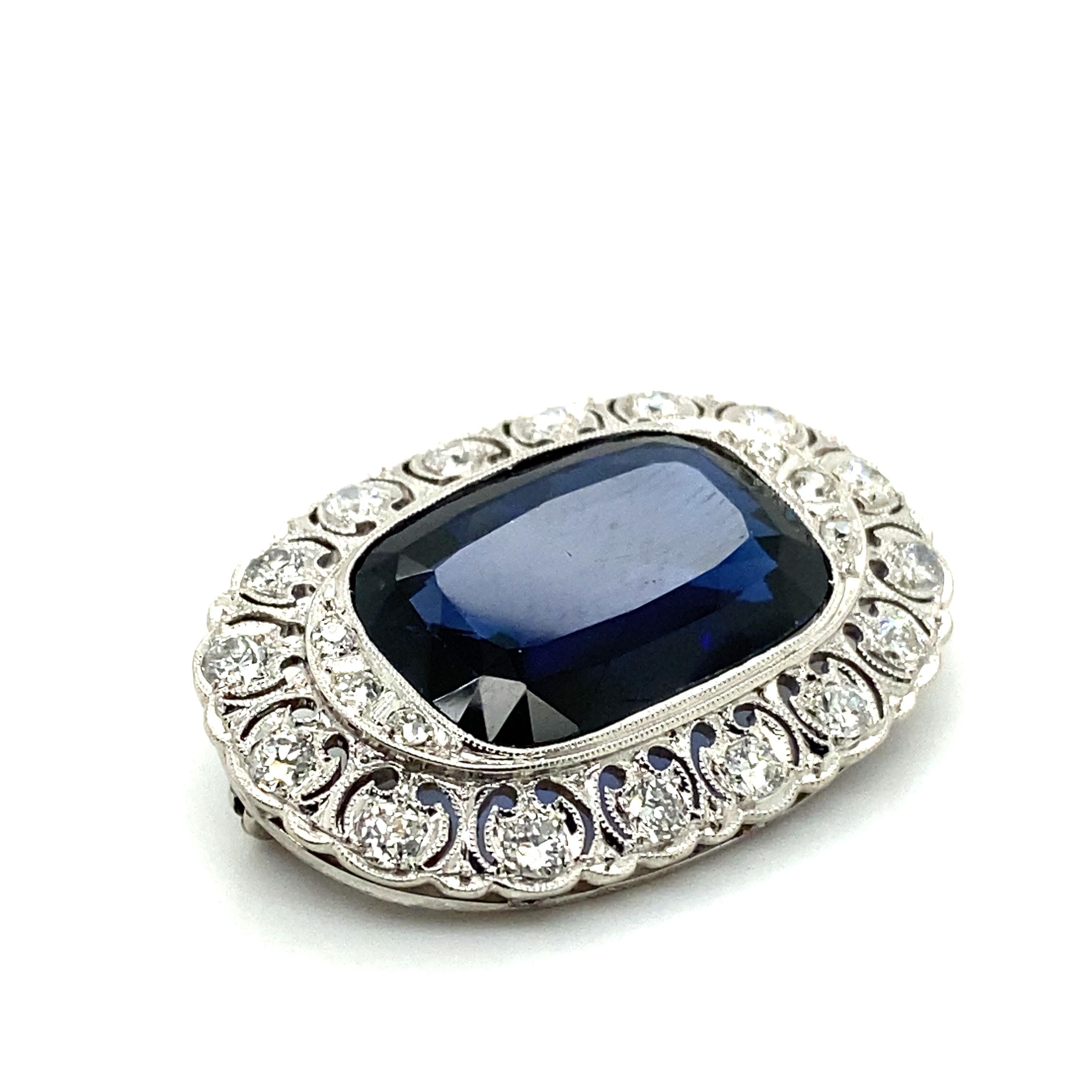 Women's or Men's Diamond and Synthetic Sapphire Brooch in 14 Karat White Gold