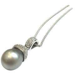 Diamond and Tahitian Gray Pearl Pendant in 18 Karat White Gold on Chain