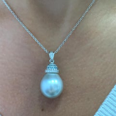 Diamond and Tahitian Pearl art deco drop pendant necklace 18k white gold