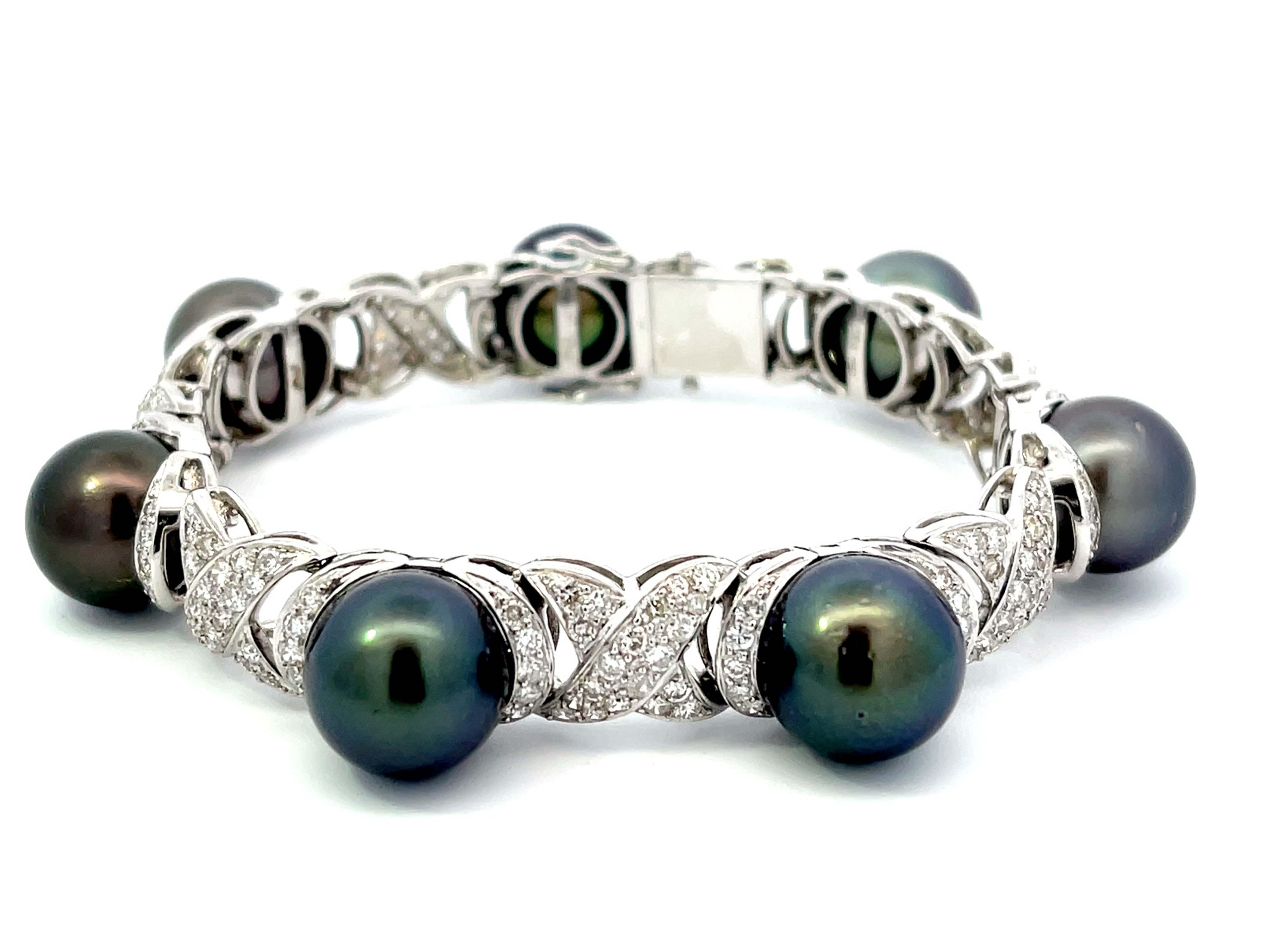 Modern Diamond and Tahitian Pearl Bracelet 4.00ctw in 18k White Gold For Sale