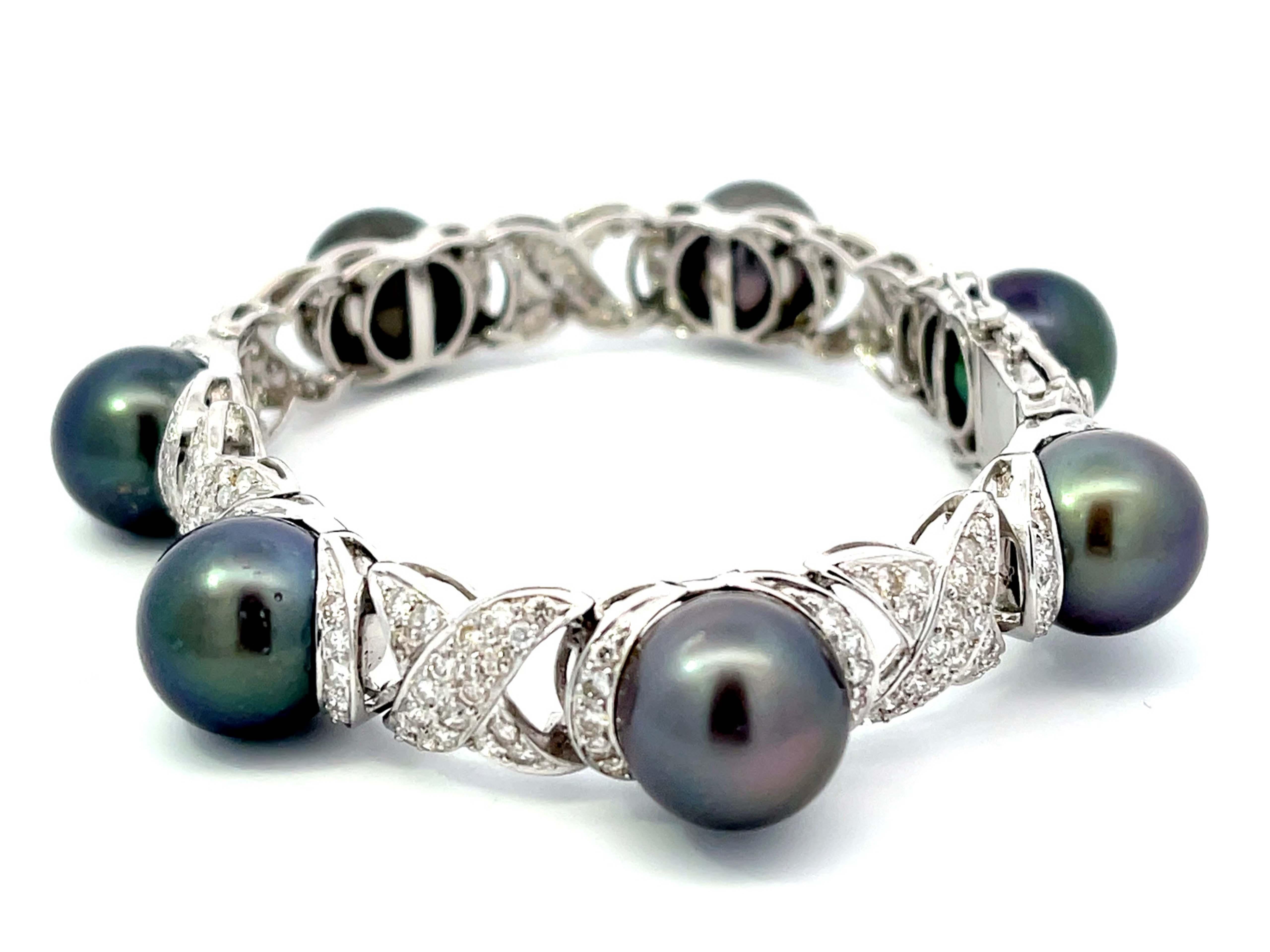 Brilliant Cut Diamond and Tahitian Pearl Bracelet 4.00ctw in 18k White Gold For Sale