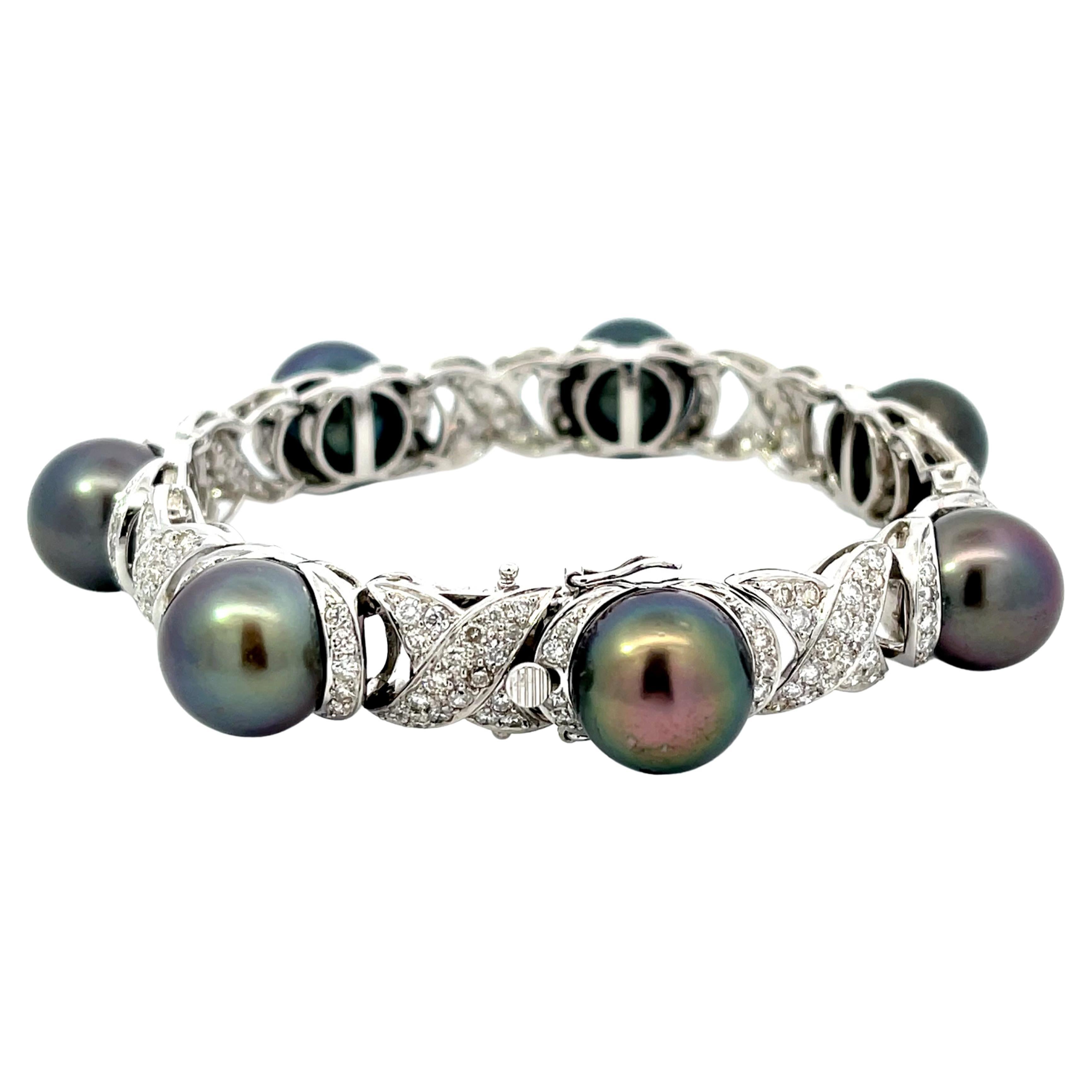 Diamond and Tahitian Pearl Bracelet 4.00ctw in 18k White Gold For Sale