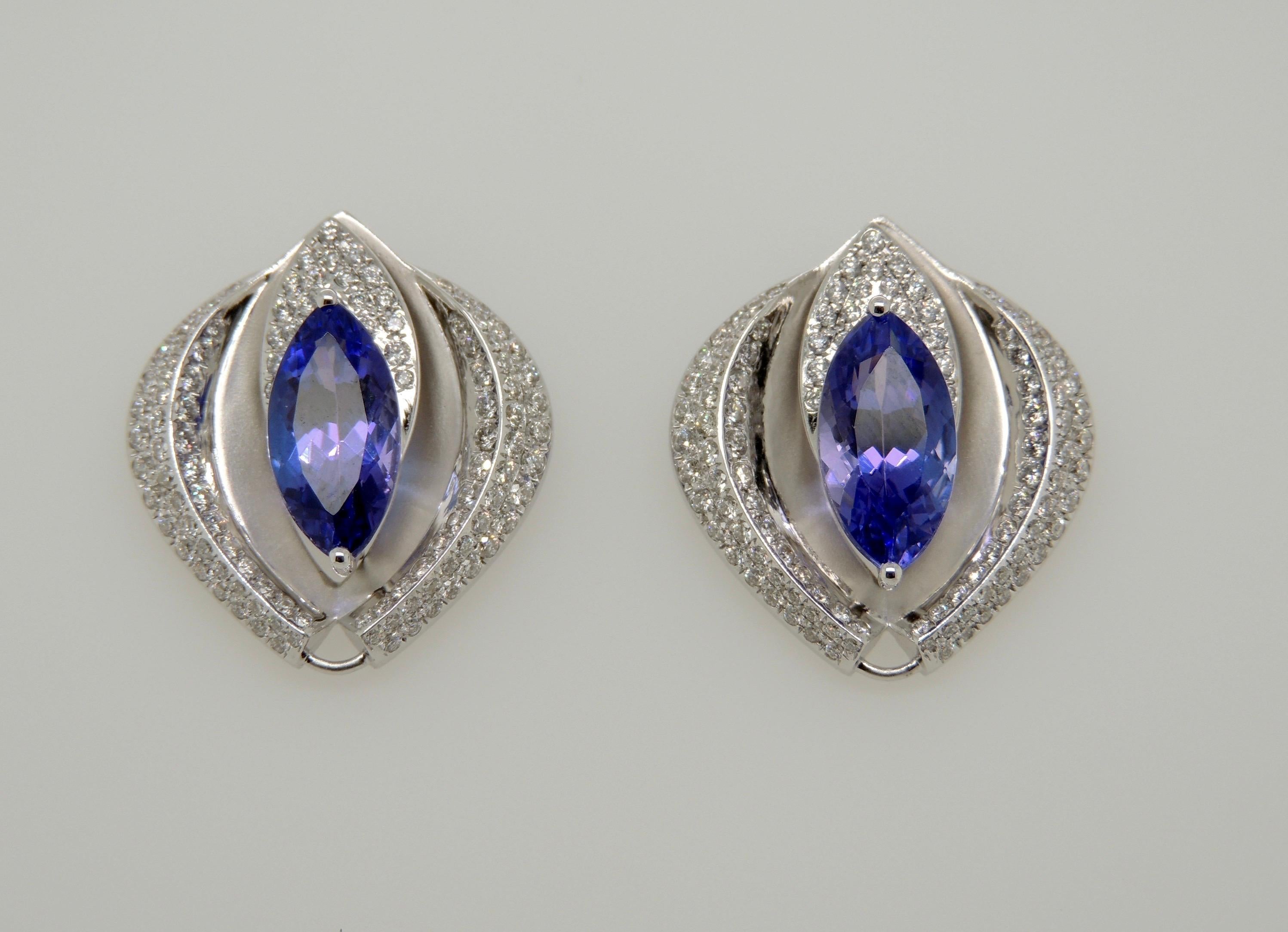 Marquise Cut Diamond and Tanzanite Earrings in 18 Karat White Gold For Sale
