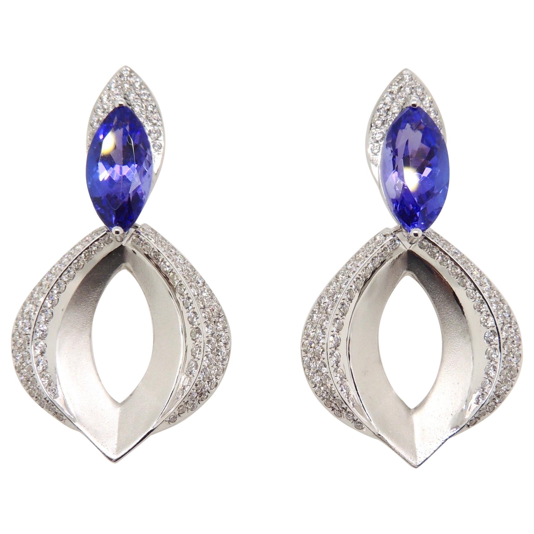 Diamond and Tanzanite Earrings in 18 Karat White Gold For Sale