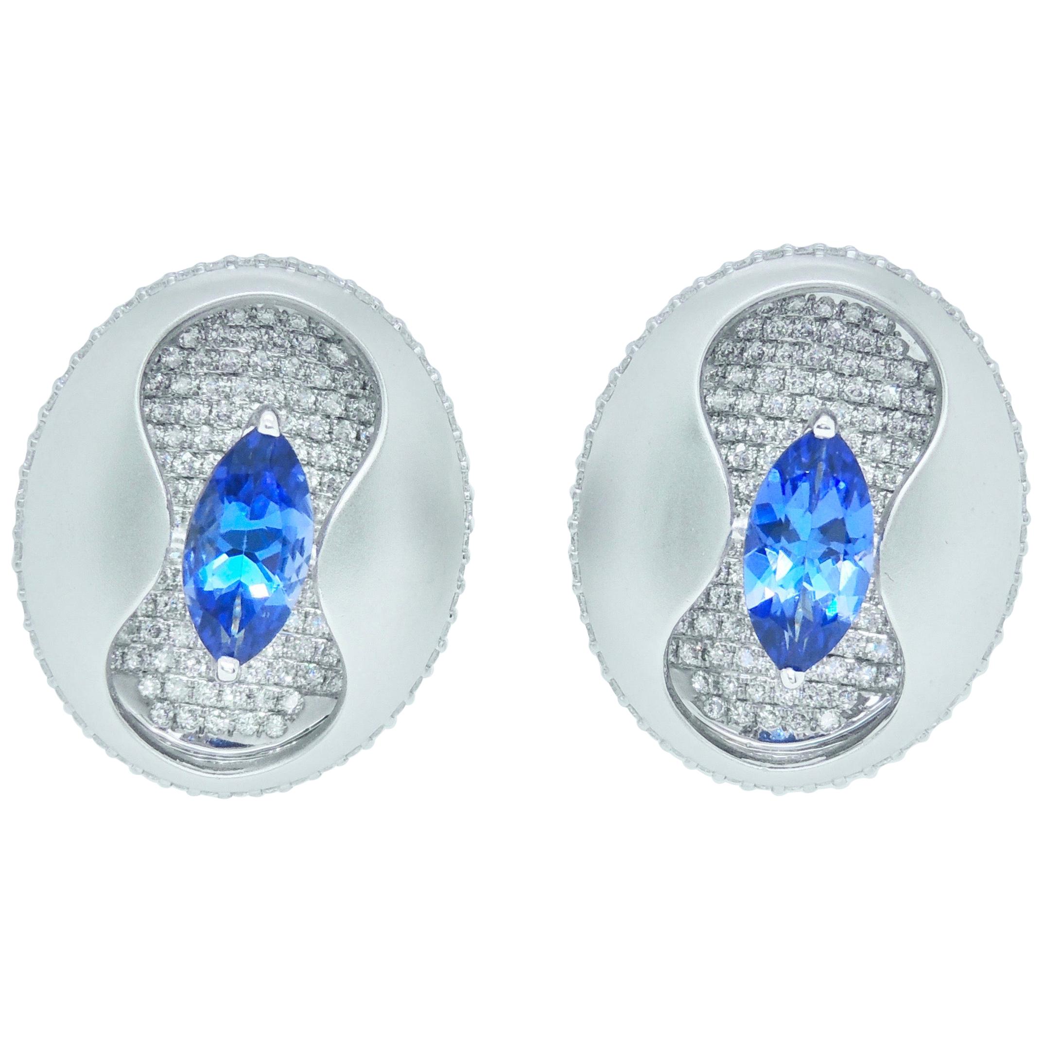 Diamond and Tanzanite Earrings in 18 Karat White Gold For Sale