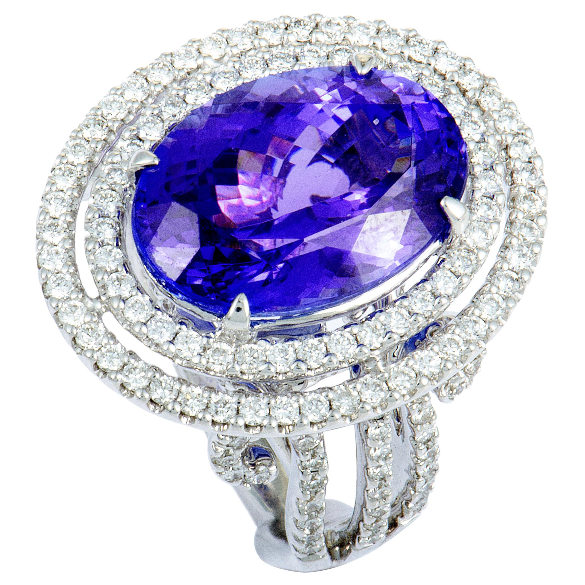 Diamond and Tanzanite Large White Gold Oval Ring