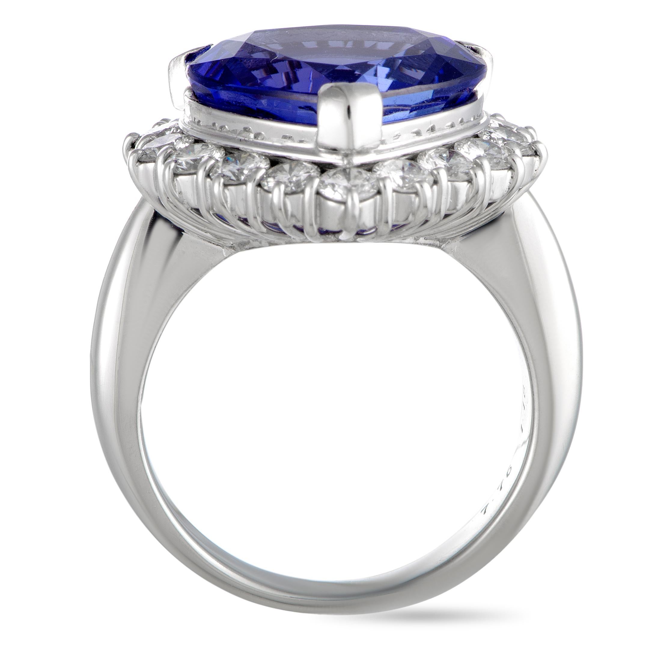 This ring is made of platinum and weighs 13.5 grams, boasting band thickness of 3 mm and top height of 7 mm, while top dimensions measure 18 by 18 mm. The ring is set with a tanzanite that weighs 7.76 carats and with diamonds that total 1.18