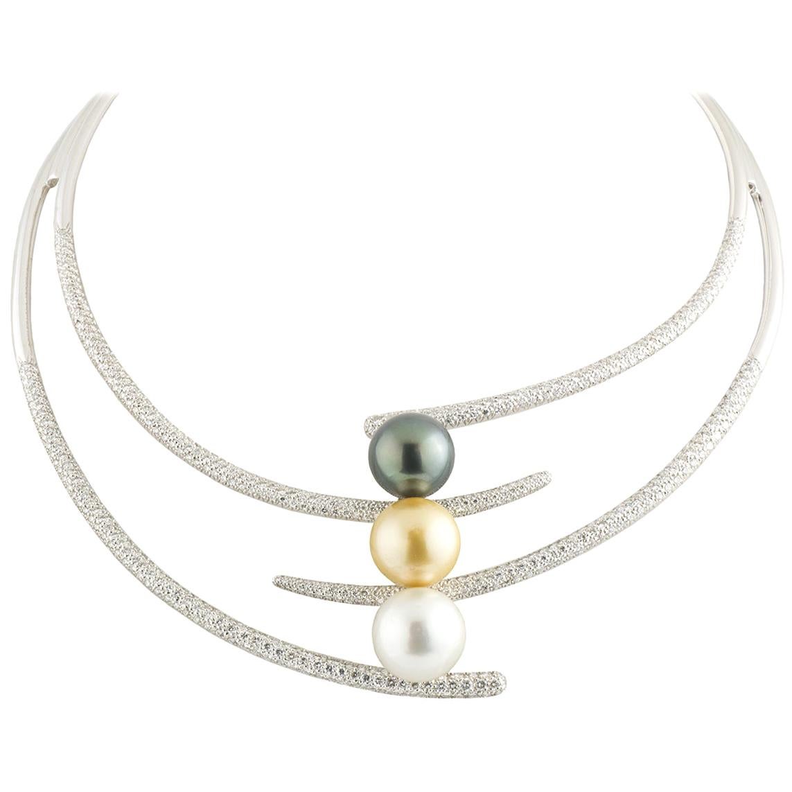 Diamond and Three Pearl Choker Necklace 9.90 Carat in Diamonds