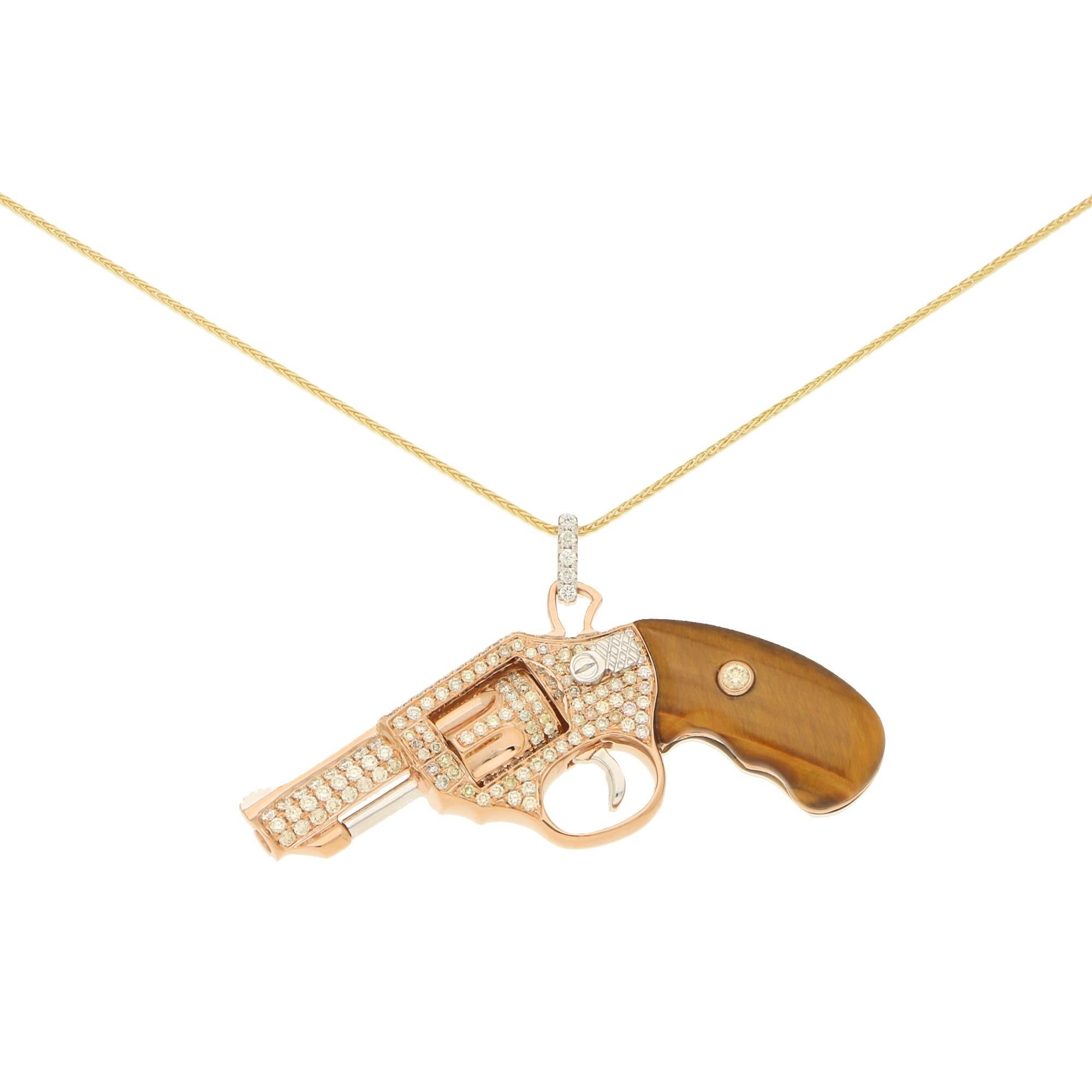 Round Cut Diamond and Tigers Eye Jewelled Revolver Pendant Set in 18k Rose Gold