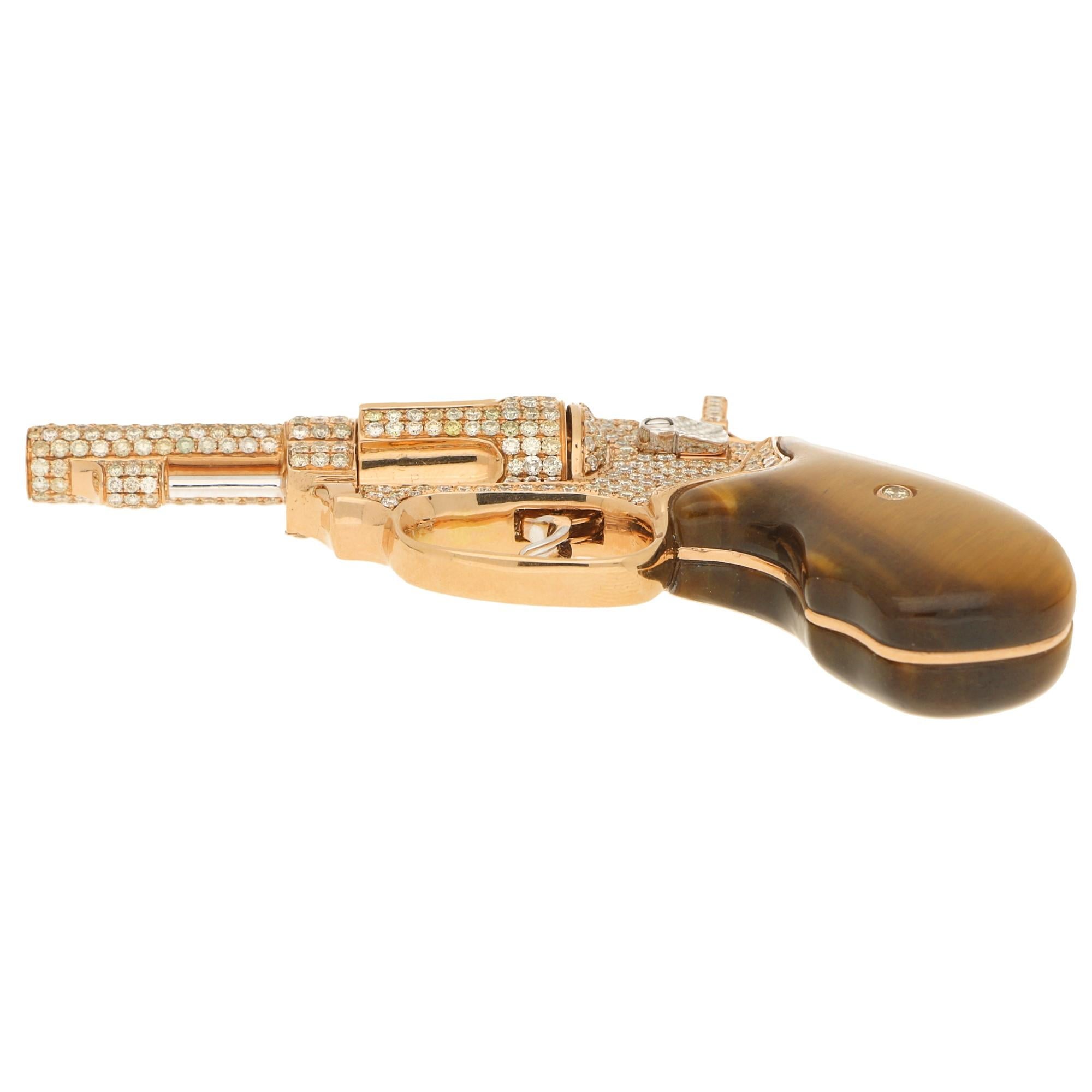 Contemporary Diamond and Tiger's Eye Jewelled Revolver in Rose Gold