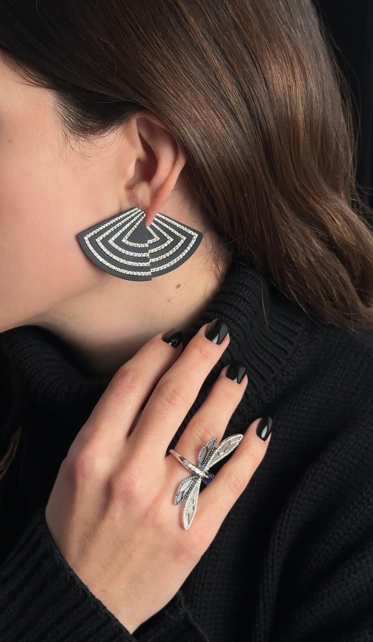 Round Cut Diamond and Titanium Fan Earrings For Sale