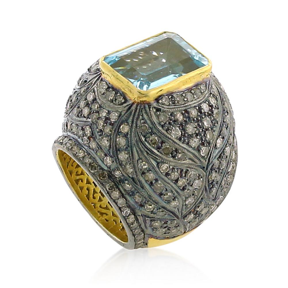 Gothic Revival Diamond and Topaz Dome Cocktail Ring in Silver and 14k Gold For Sale