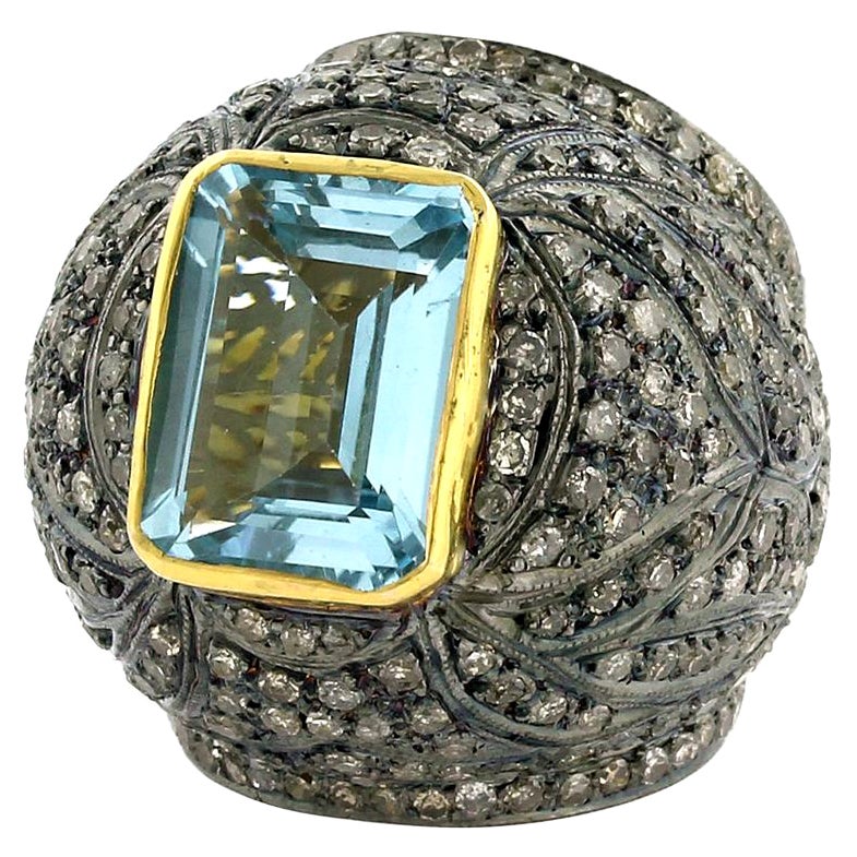 Bague cocktail dôme en argent et or 14 carats avec diamants et topaze