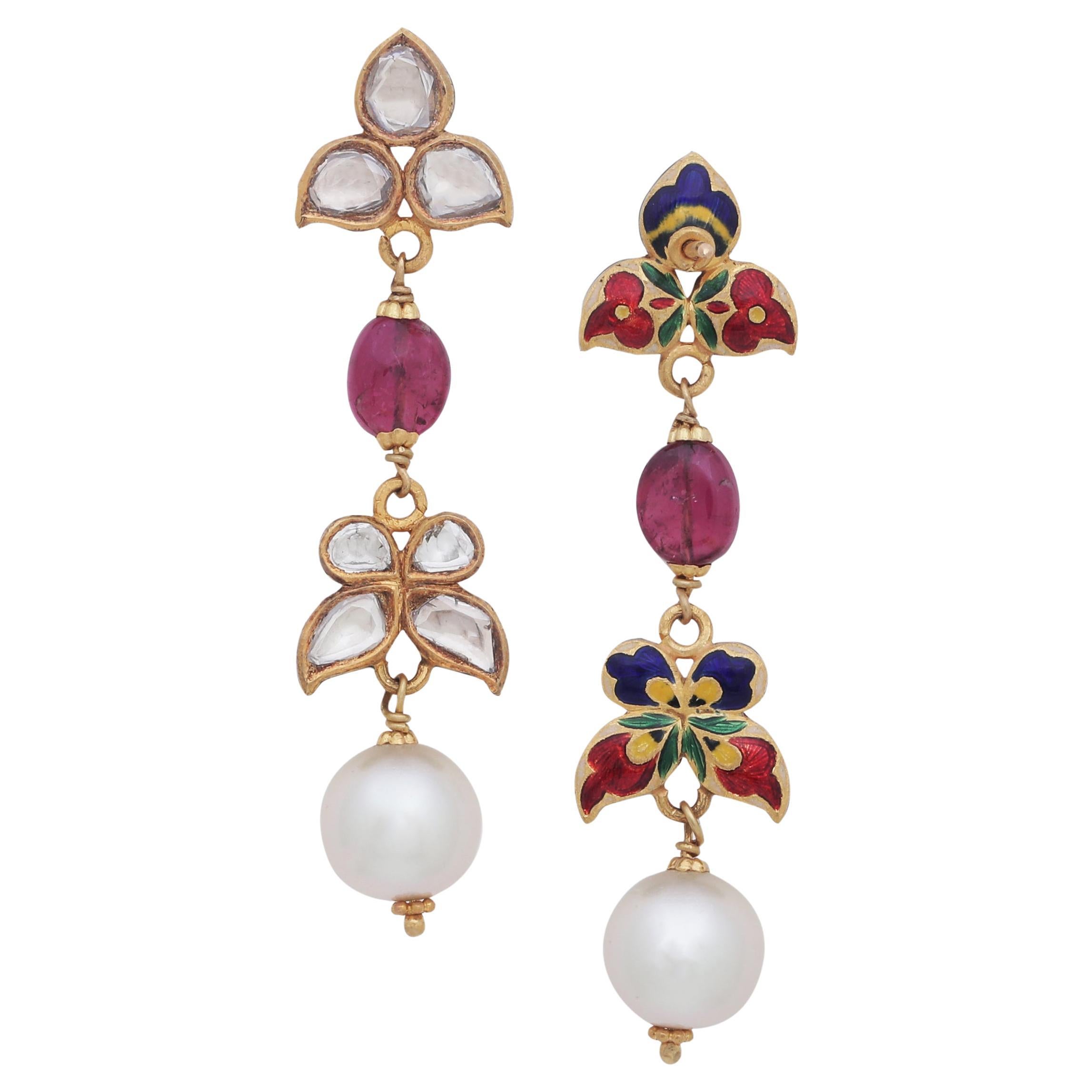 Diamond and Tourmaline earring pair handcrafted in 18K Gold with fine enamel For Sale
