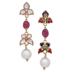 Diamond and Tourmaline earring pair handcrafted in 18K Gold with fine enamel