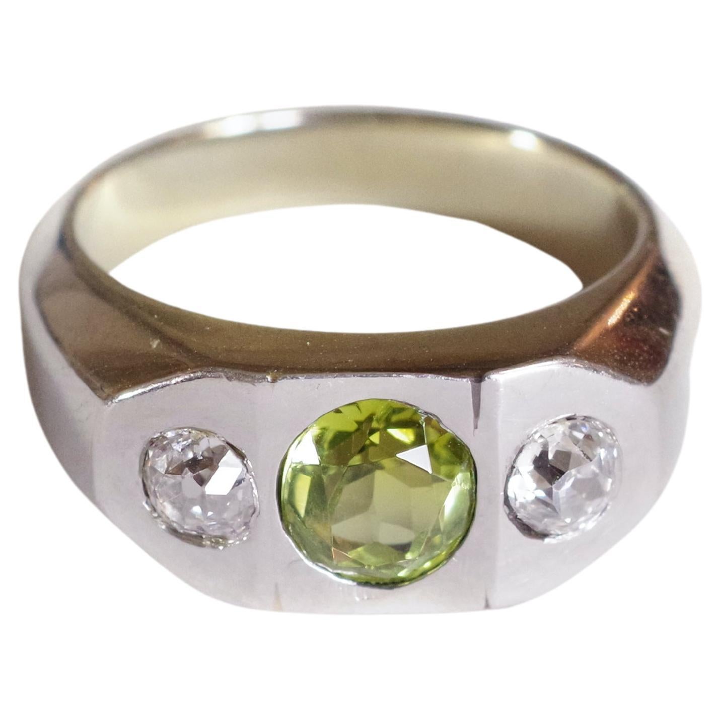 Diamond and Tourmaline Signet Ring in 18k White Gold For Sale