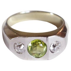 Retro Diamond and Tourmaline Signet Ring in 18k White Gold