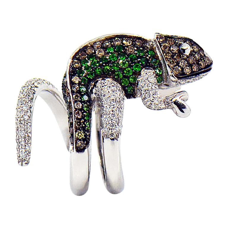 Diamond and Tsavorite Designer Chameleon Ring in 18 Karat White Gold at