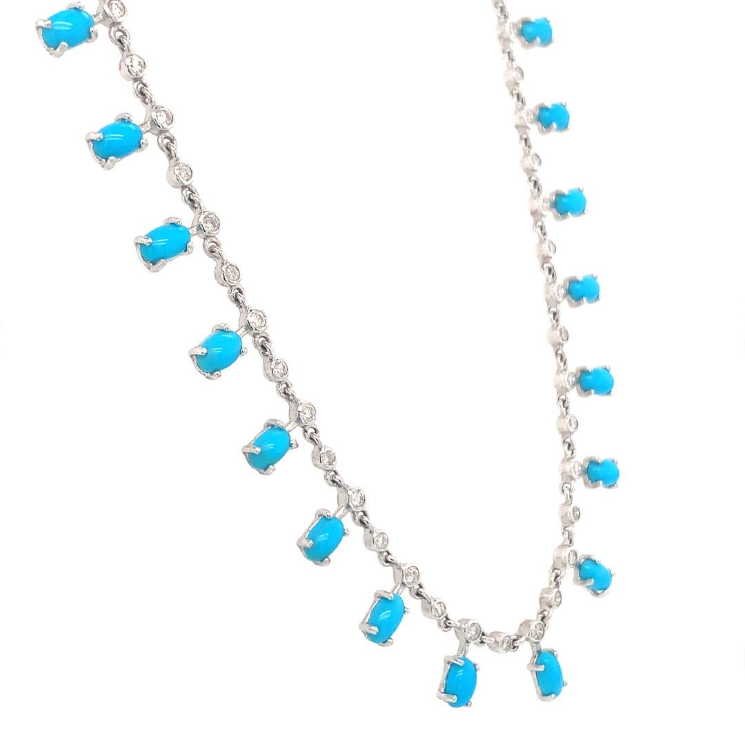Taglio ovale Collana in oro 14 Kt con diamanti e turchesi in vendita