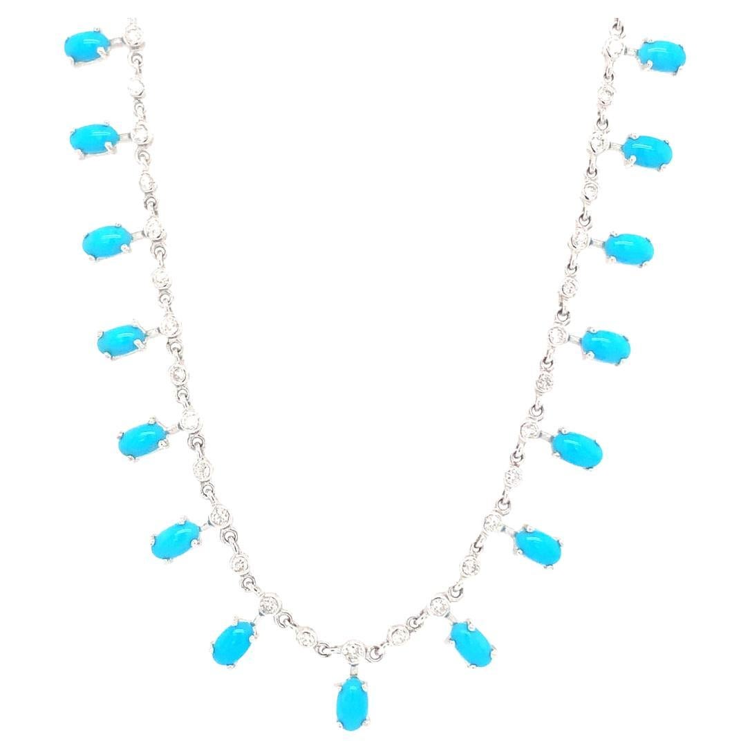 Diamond and turquoise 14 Kt gold necklace For Sale