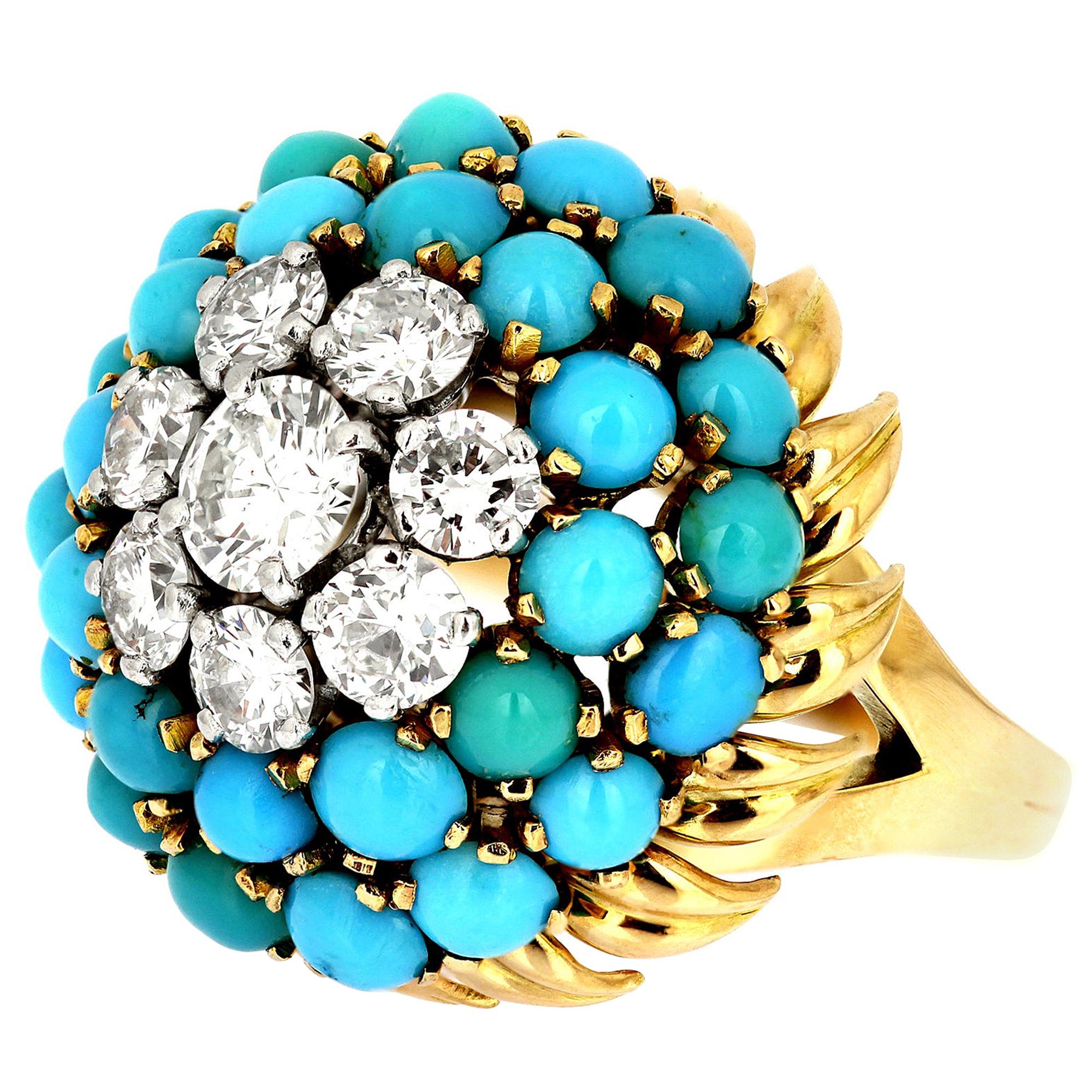 Diamond and Turquoise Blue Bombe Cluster/Cocktail ring in Bi-Metal 18 Carat Gold For Sale