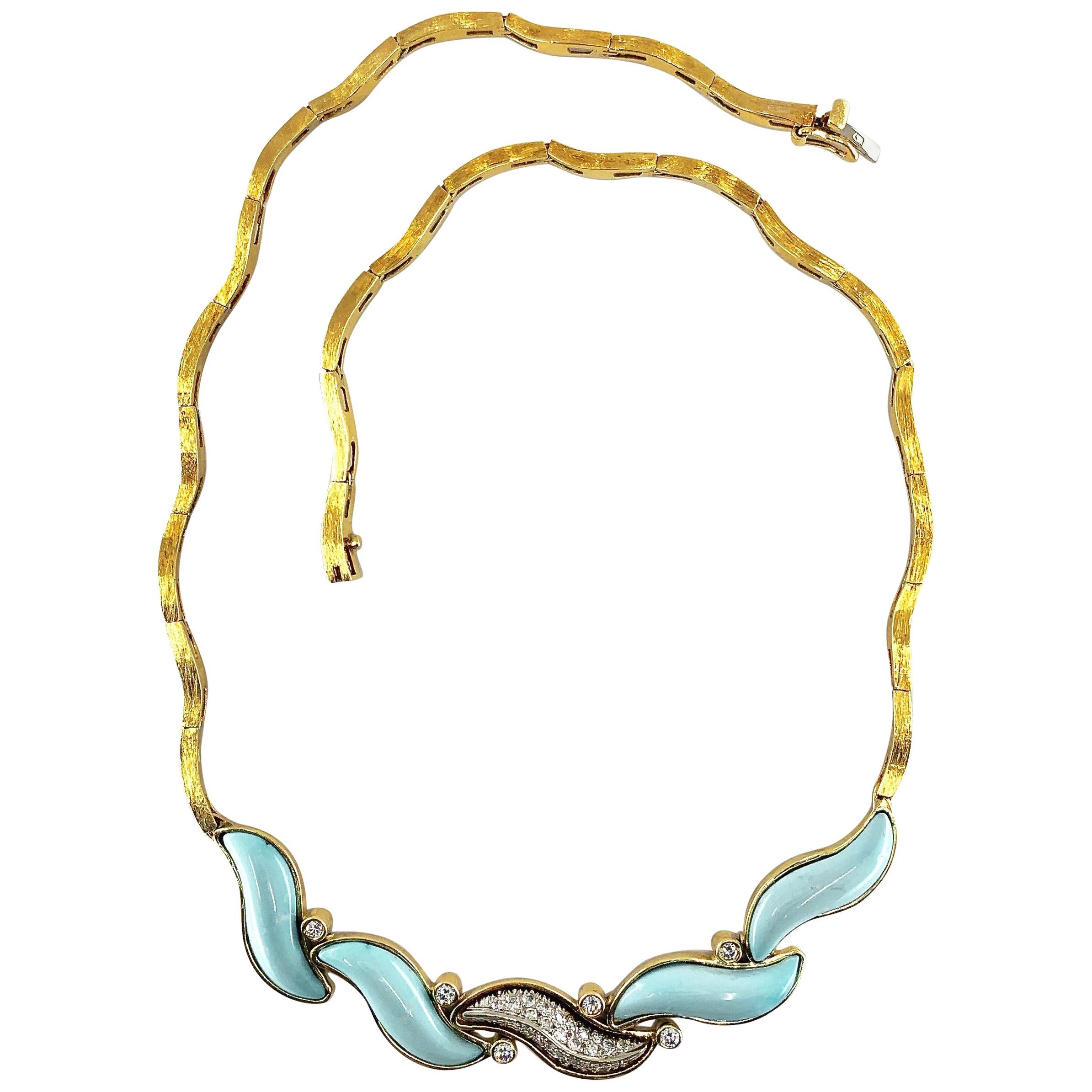 Diamond and Turquoise Brushed 18 Karat Yellow Gold Wavy Link Choker Necklace