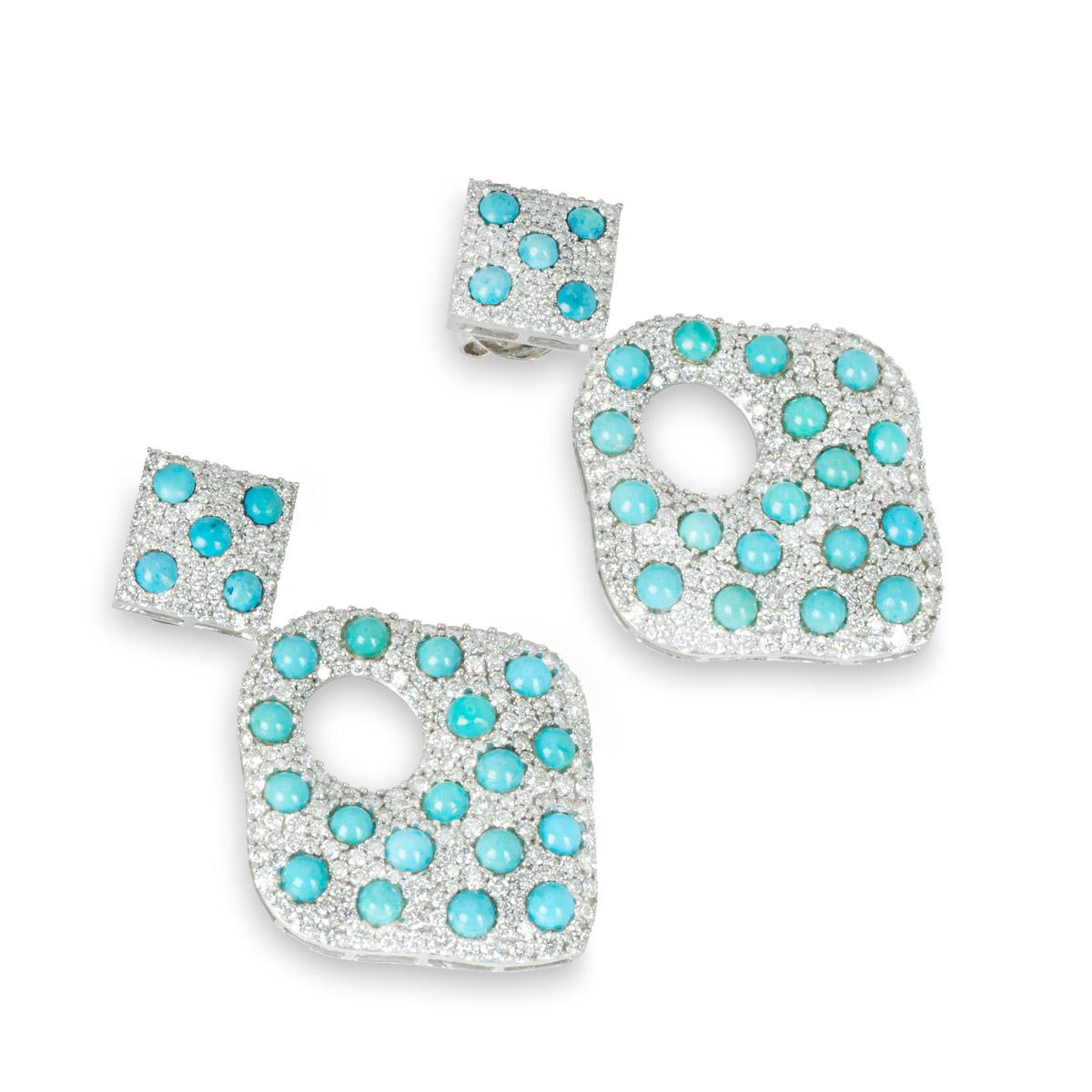 Round Cut Diamond and Turquoise Drop Earrings 6.02 Carats For Sale