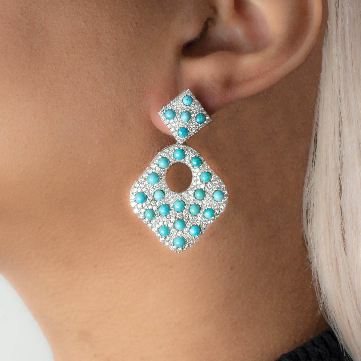 Women's Diamond and Turquoise Drop Earrings 6.02 Carats For Sale