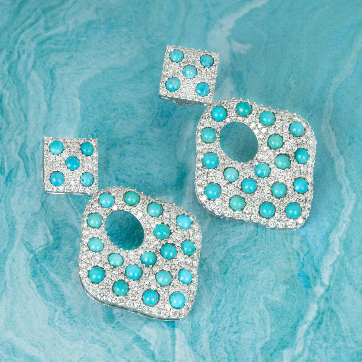 Diamond and Turquoise Drop Earrings 6.02 Carats For Sale 1