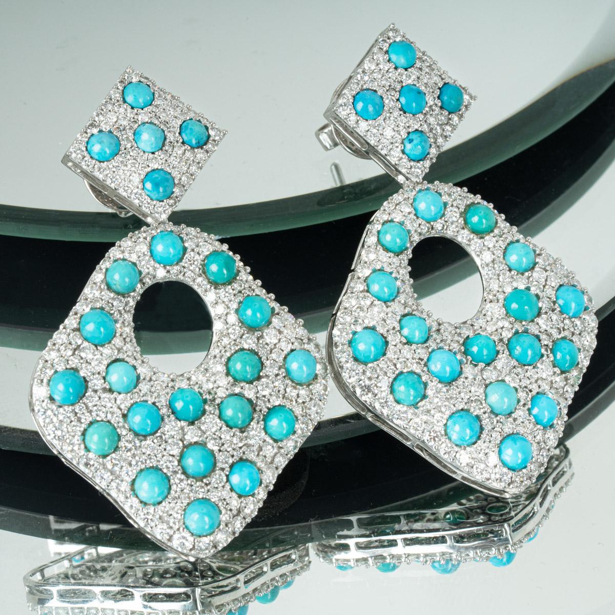 Diamond and Turquoise Drop Earrings 6.02 Carats For Sale 2