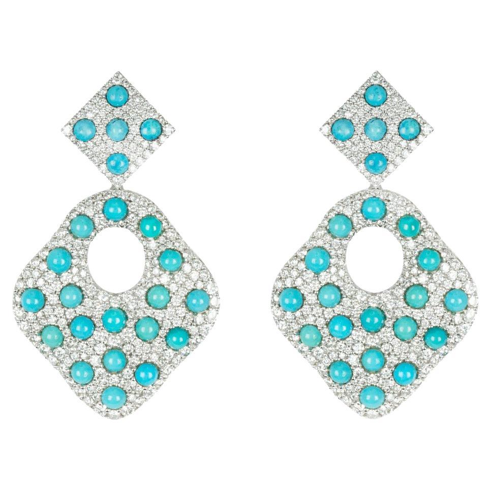 Diamond and Turquoise Drop Earrings 6.02 Carats For Sale
