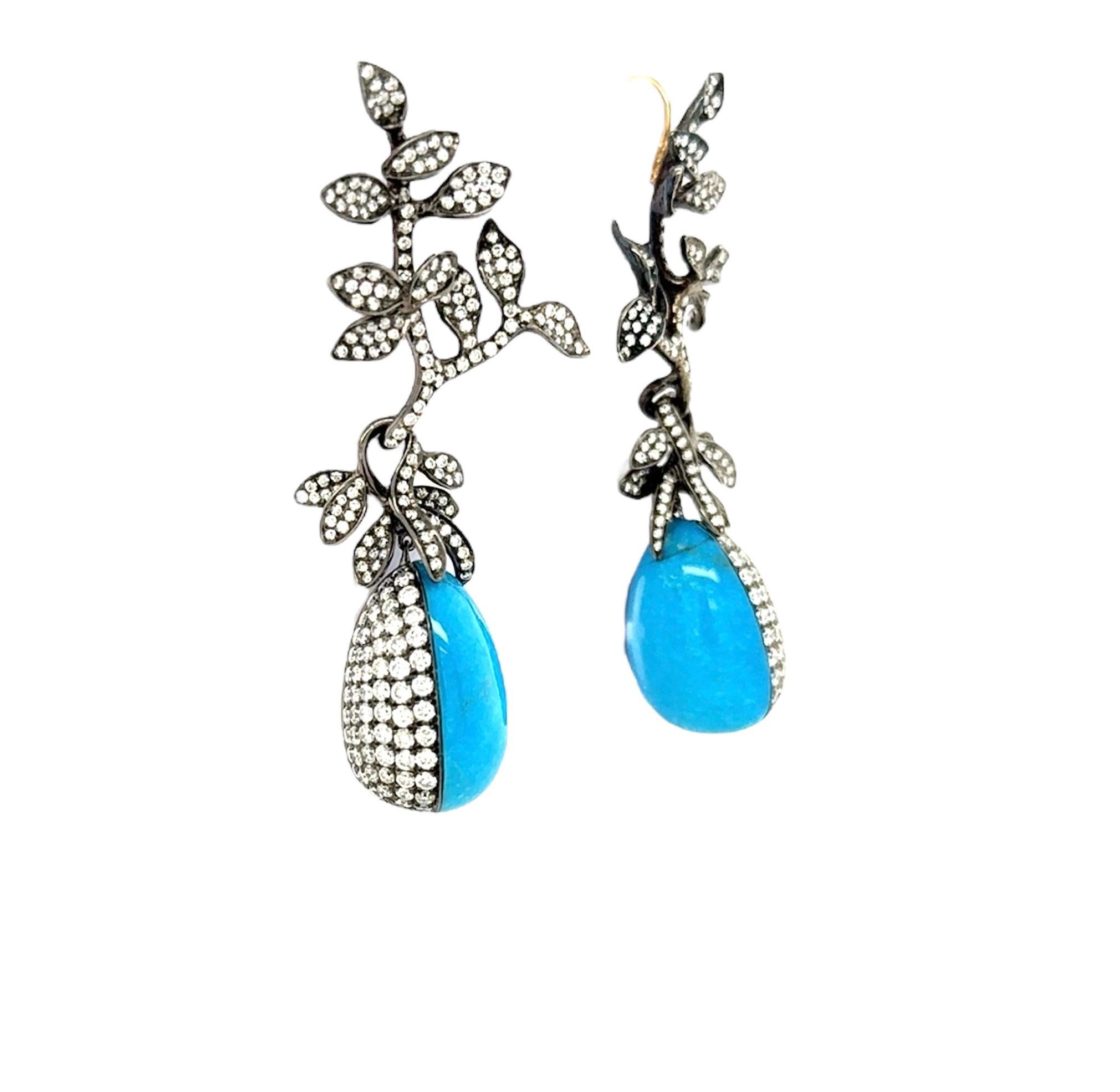 Contemporary Diamond and Turquoise Drop Earrings For Sale
